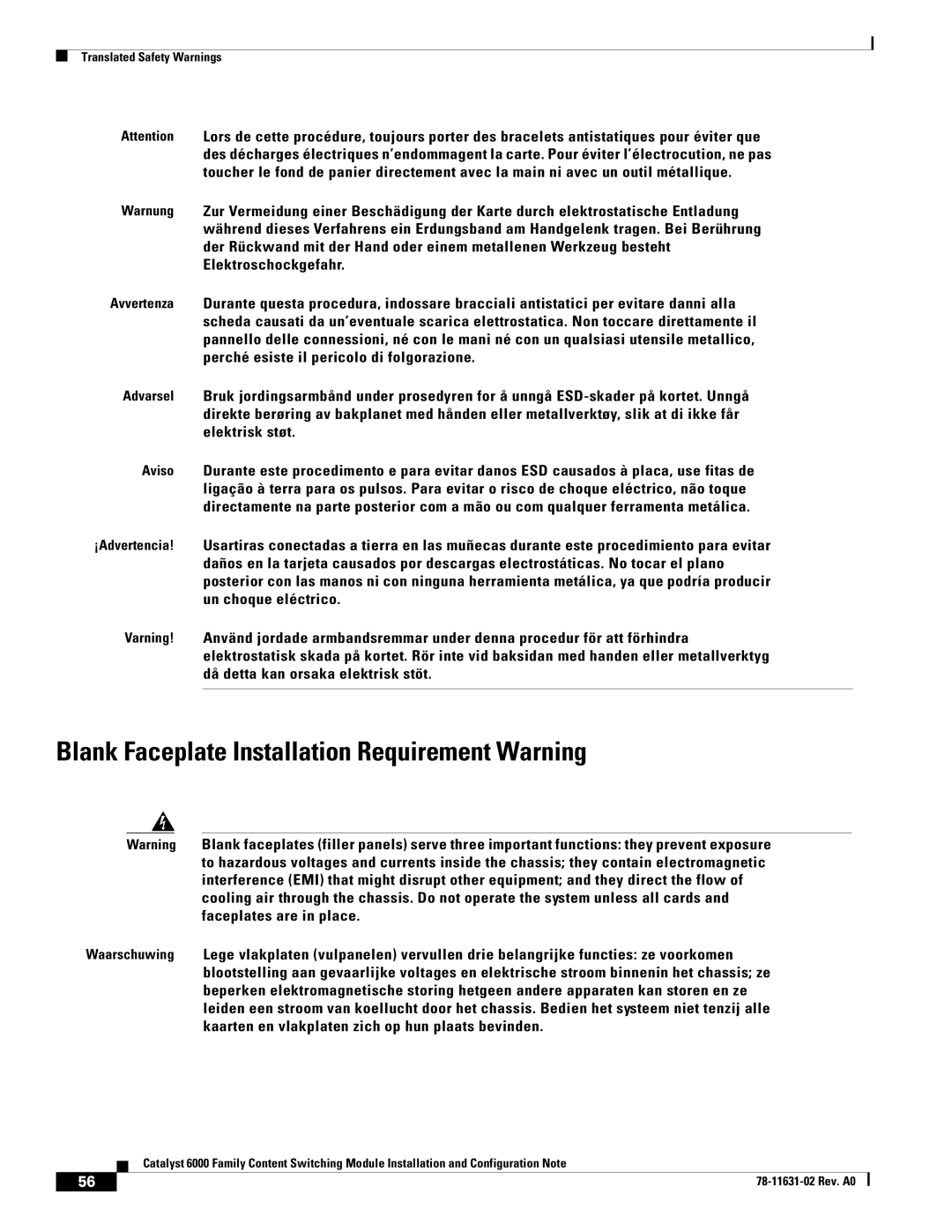 Cisco Systems 6000 manual Blank Faceplate Installation Requirement Warning 