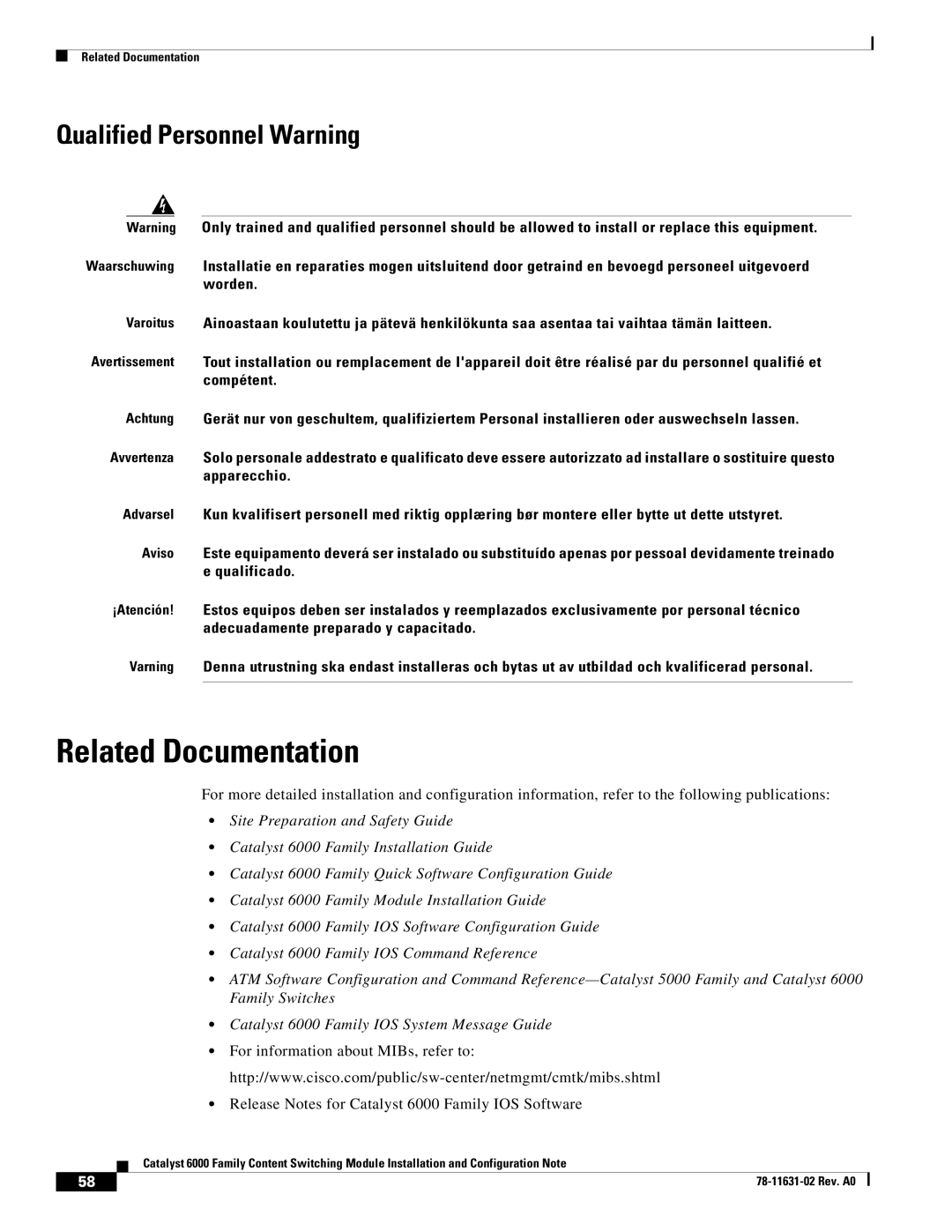 Cisco Systems Related Documentation, Qualified Personnel Warning, Release Notes for Catalyst 6000 Family IOS Software 