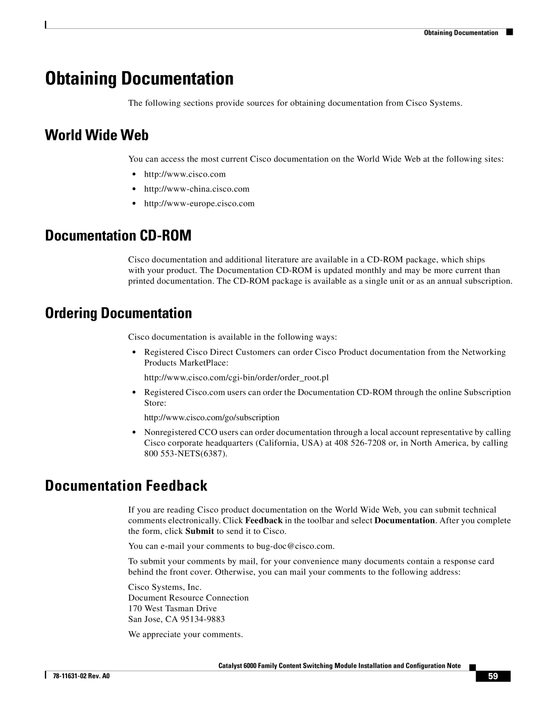 Cisco Systems 6000 manual Obtaining Documentation, World Wide Web, Documentation CD-ROM, Ordering Documentation 