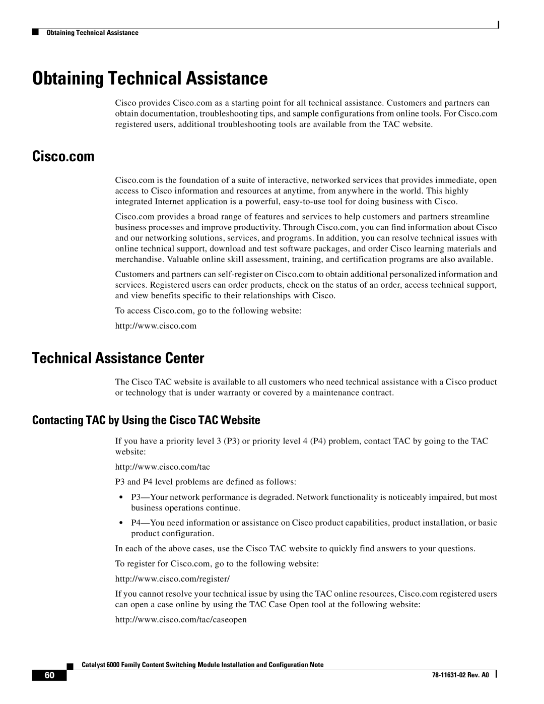 Cisco Systems 6000 manual Obtaining Technical Assistance, Cisco.com, Technical Assistance Center 