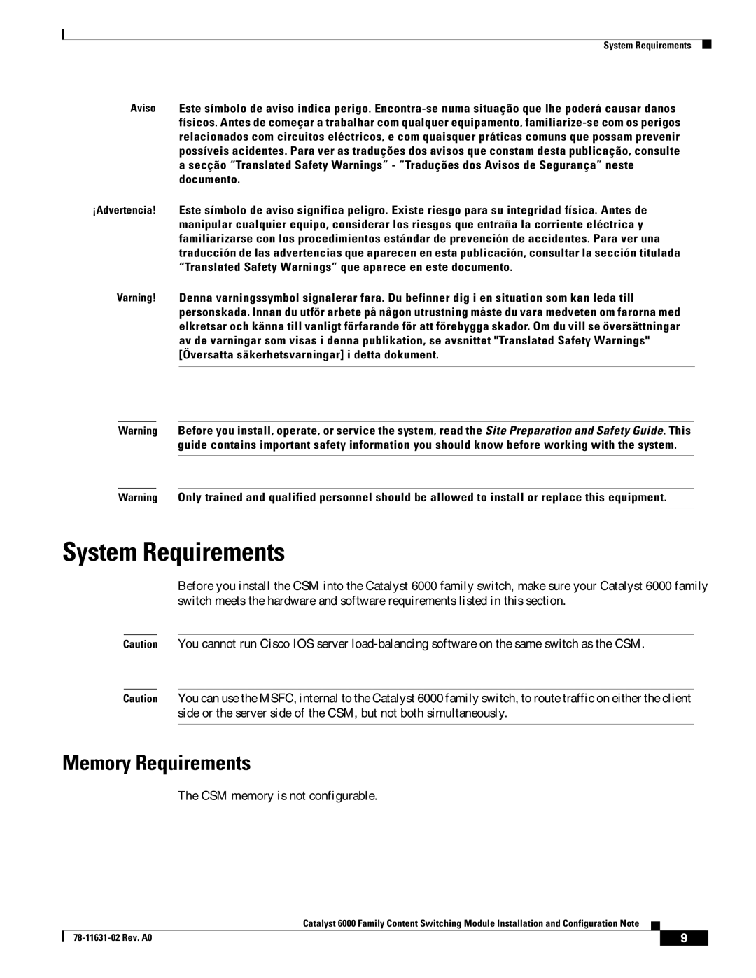 Cisco Systems 6000 manual System Requirements, Memory Requirements, CSM memory is not configurable 