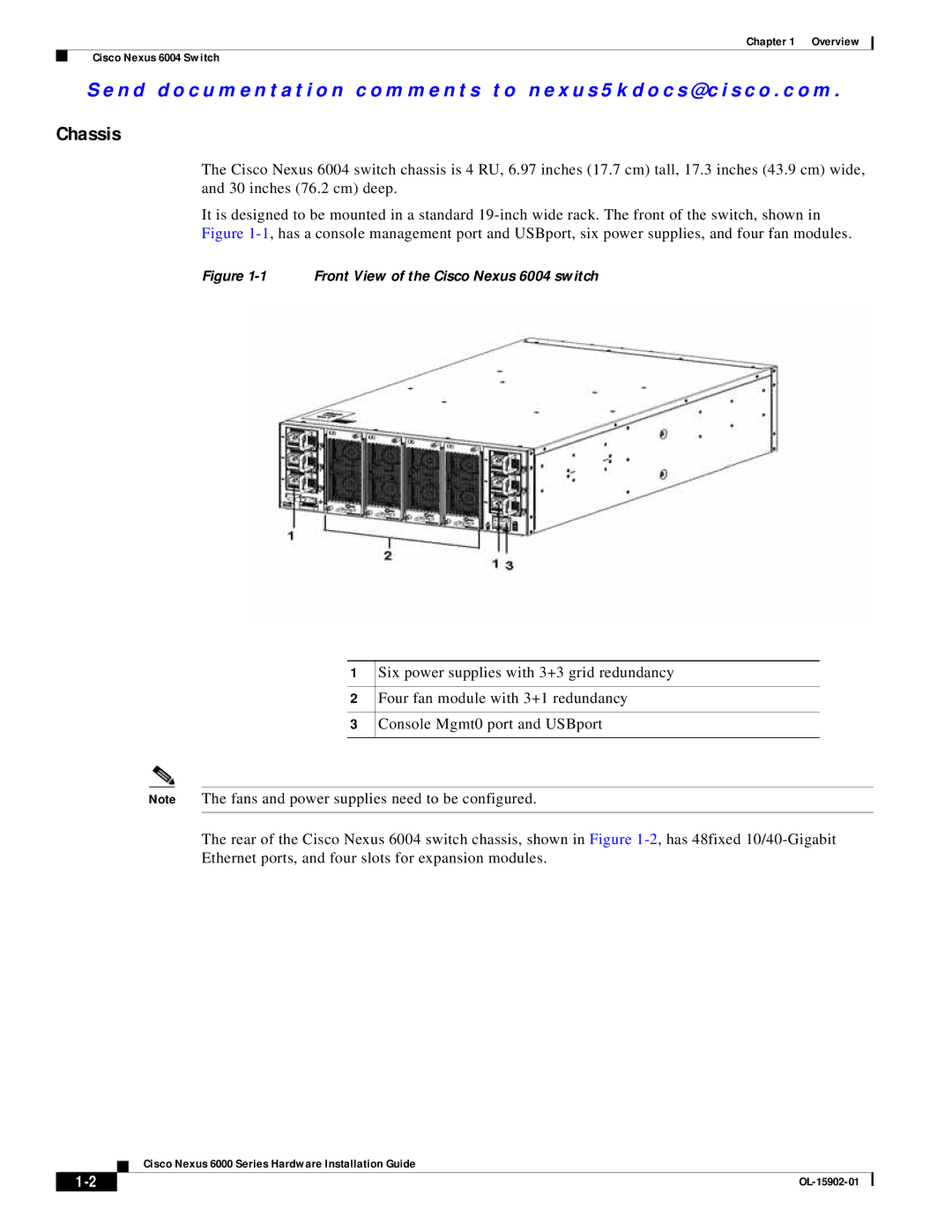 Cisco Systems N6004SBUNP1L, N6KC600496Q, N6001SBUNP1, N6000 manual Chassis, Front View of the Cisco Nexus 6004 switch 