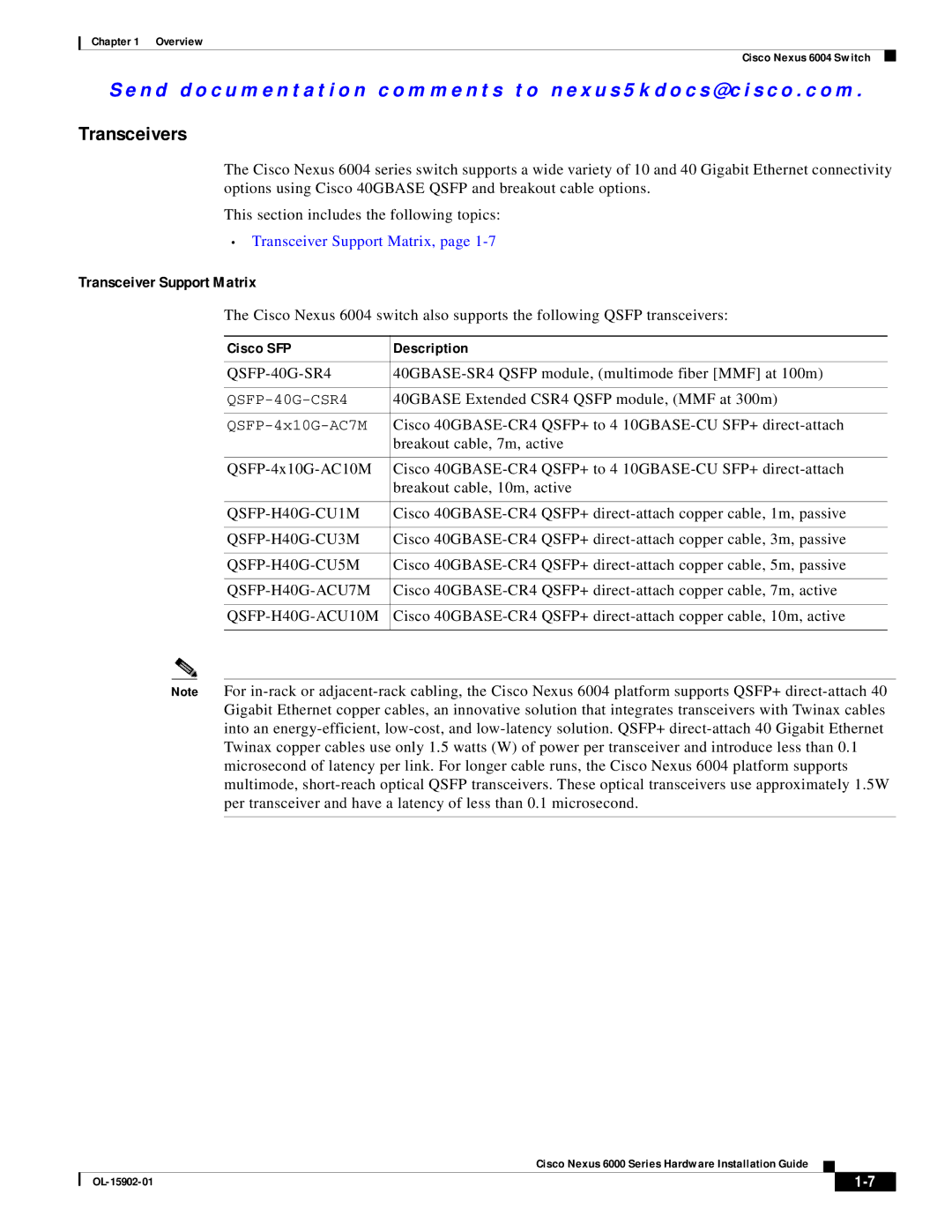 Cisco Systems N6KC600164P, N6004SBUNP1L, N6KC600496Q, N6001SBUNP1, N6000 manual Transceivers, Cisco SFP Description 