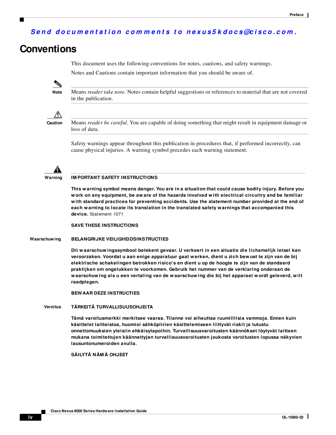 Cisco Systems N6000, N6004SBUNP1L, N6KC600496Q, N6001SBUNP1, N6KC600164P manual Conventions, Bewaar Deze Instructies 