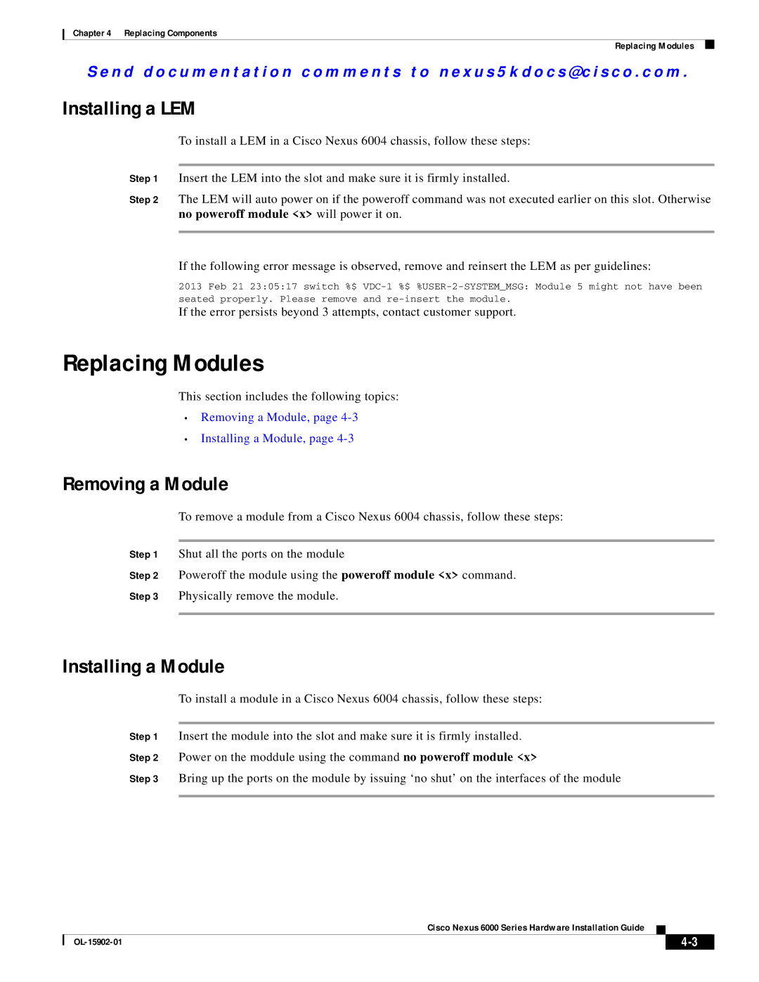 Cisco Systems N6KC600164P, N6004SBUNP1L Replacing Modules, Installing a LEM, Removing a Module, Installing a Module 