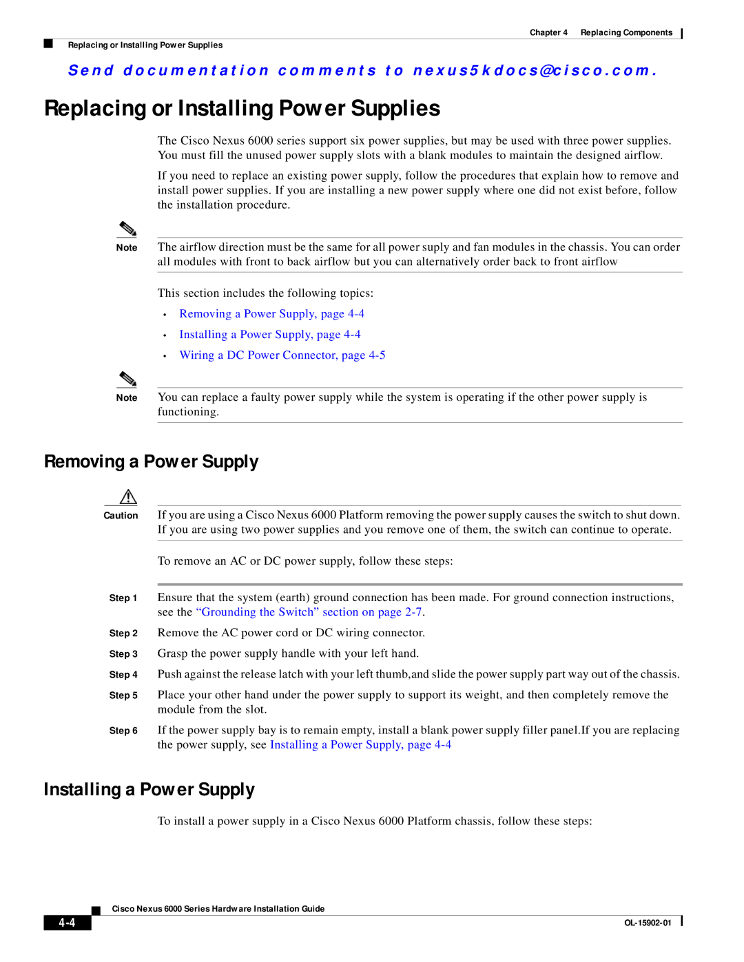 Cisco Systems N6KC600496Q Replacing or Installing Power Supplies, Removing a Power Supply, Installing a Power Supply 