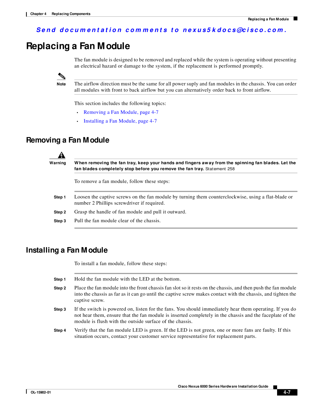 Cisco Systems N6001SBUNP1, N6004SBUNP1L, N6000 Replacing a Fan Module, Removing a Fan Module, Installing a Fan Module 