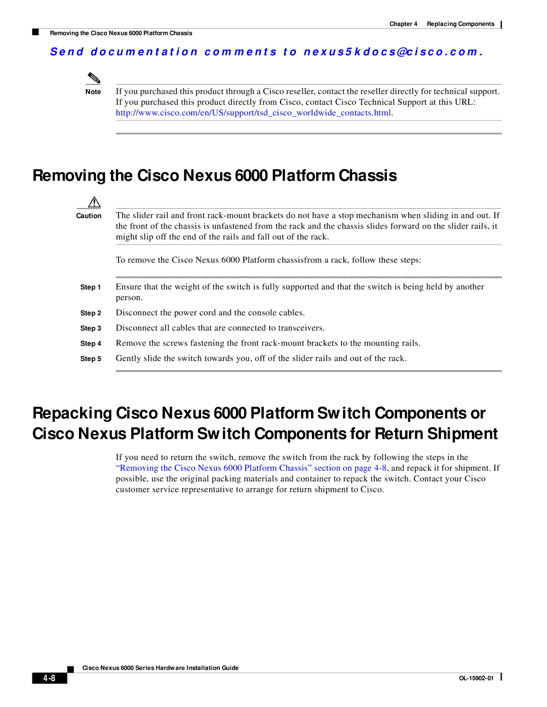 Cisco Systems N6000, N6004SBUNP1L, N6KC600496Q, N6001SBUNP1, N6KC600164P Removing the Cisco Nexus 6000 Platform Chassis 