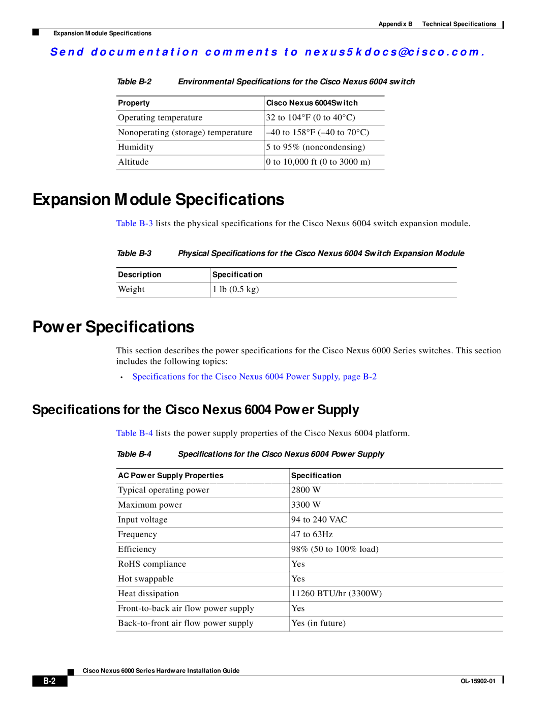 Cisco Systems N6KC600496Q, N6000 Expansion Module Specifications, Power Specifications, Property Cisco Nexus 6004Switch 