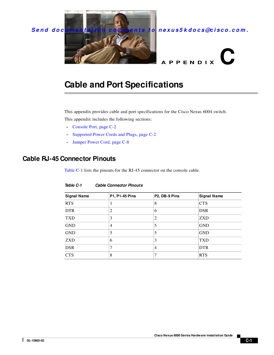 Cisco Systems N6KC600164P, N6004SBUNP1L, N6KC600496Q, N6000 Cable and Port Specifications, Cable RJ-45 Connector Pinouts 