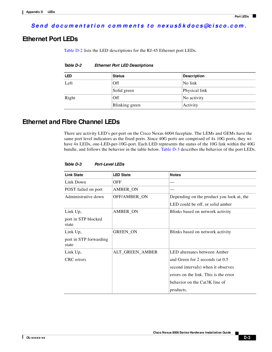 Cisco Systems N6001SBUNP1 Ethernet Port LEDs, Ethernet and Fibre Channel LEDs, Status Description, Link State LED State 