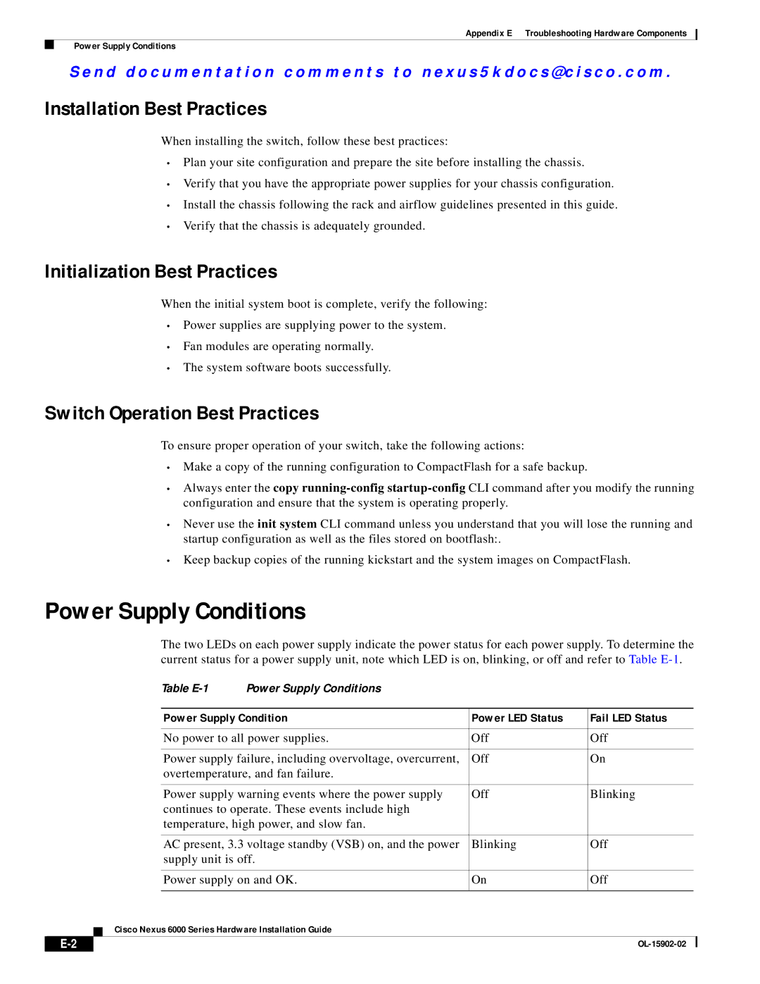 Cisco Systems N6004SBUNP1L, N6000 Power Supply Conditions, Installation Best Practices, Initialization Best Practices 