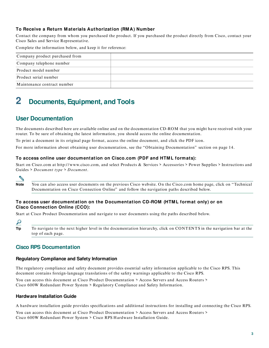 Cisco Systems 600W quick start Documents, Equipment, and Tools, User Documentation, Cisco RPS Documentation 