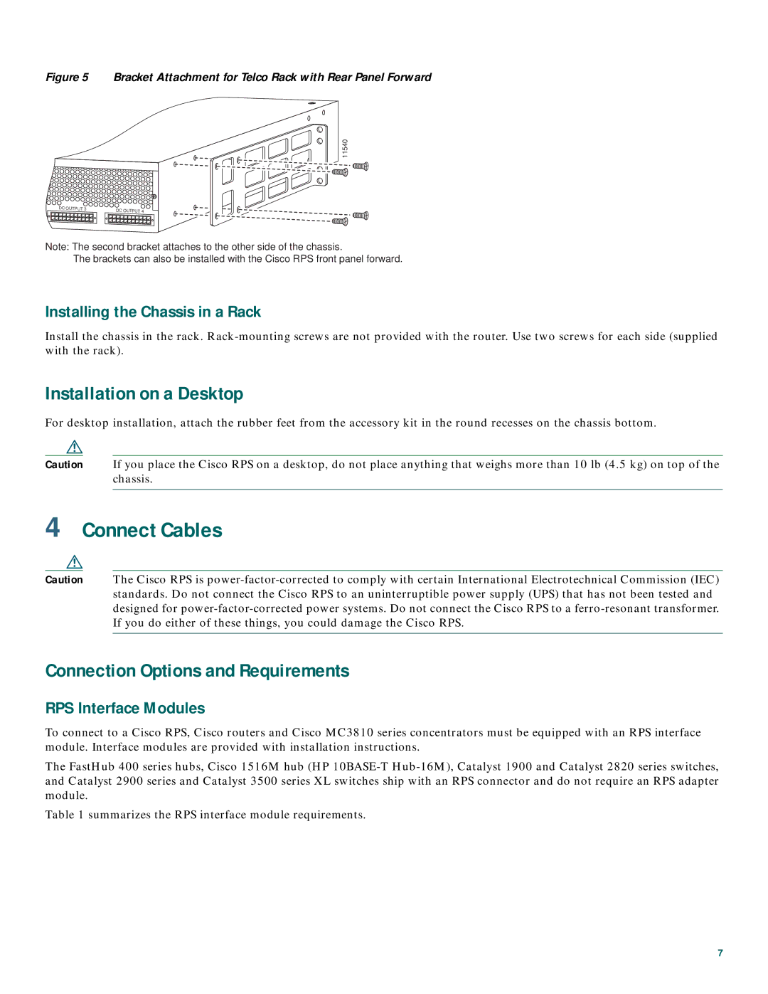 Cisco Systems 600W Connect Cables, Installation on a Desktop, Connection Options and Requirements, RPS Interface Modules 