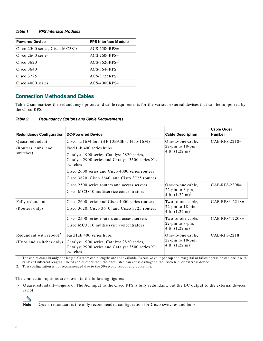 Cisco Systems 600W quick start Connection Methods and Cables, Powered Device RPS Interface Module, Cable Order 