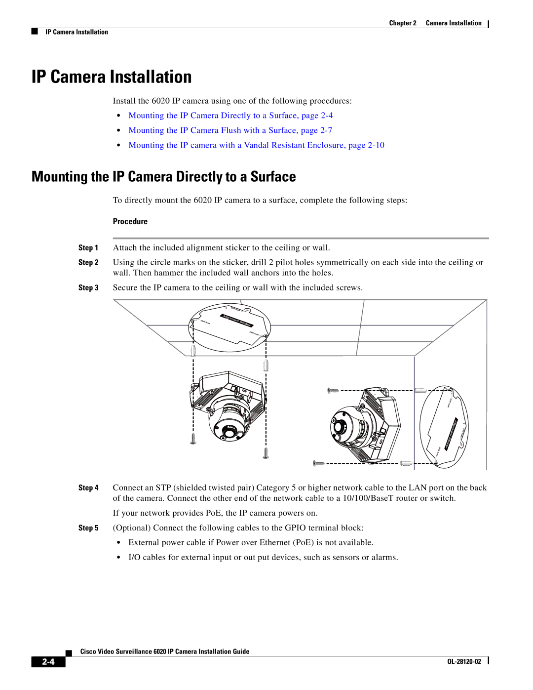 Cisco Systems 6020 IP manual IP Camera Installation, Mounting the IP Camera Directly to a Surface, Procedure 