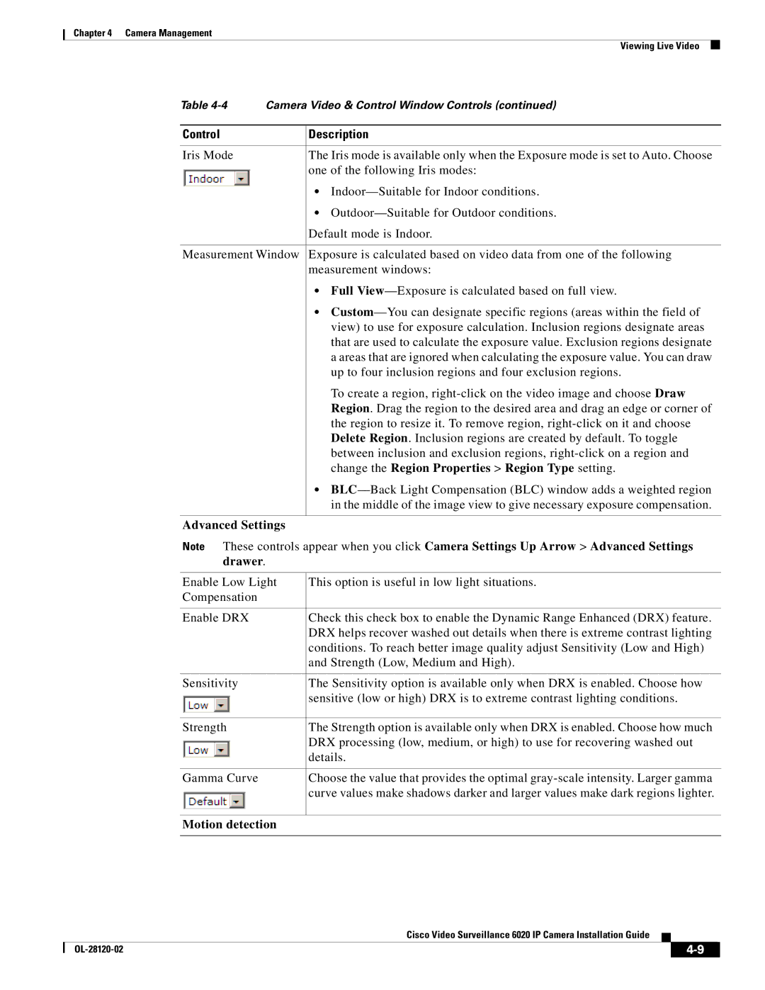 Cisco Systems 6020 IP manual Advanced Settings, Motion detection 