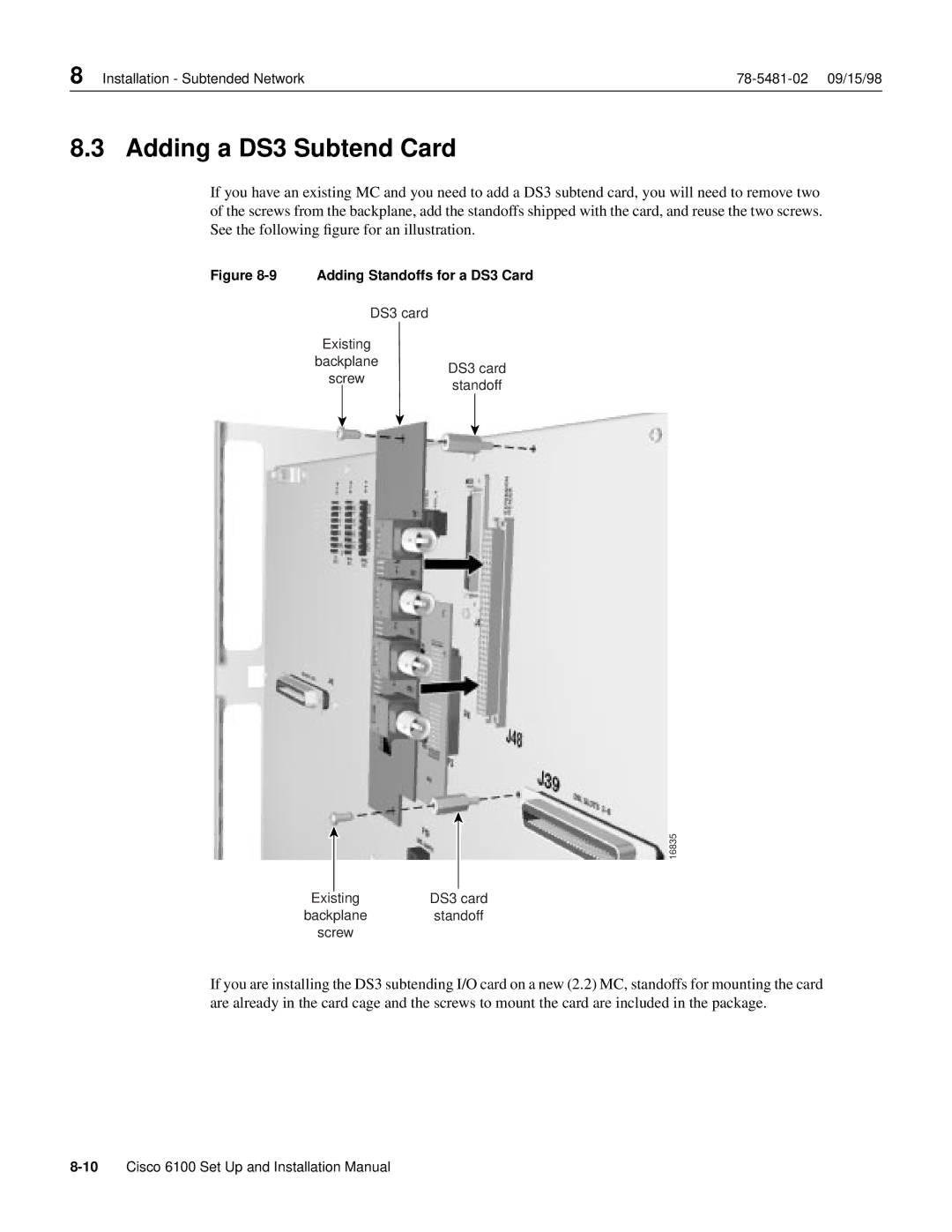 Cisco Systems 6100 installation manual Adding a DS3 Subtend Card, Adding Standoffs for a DS3 Card 