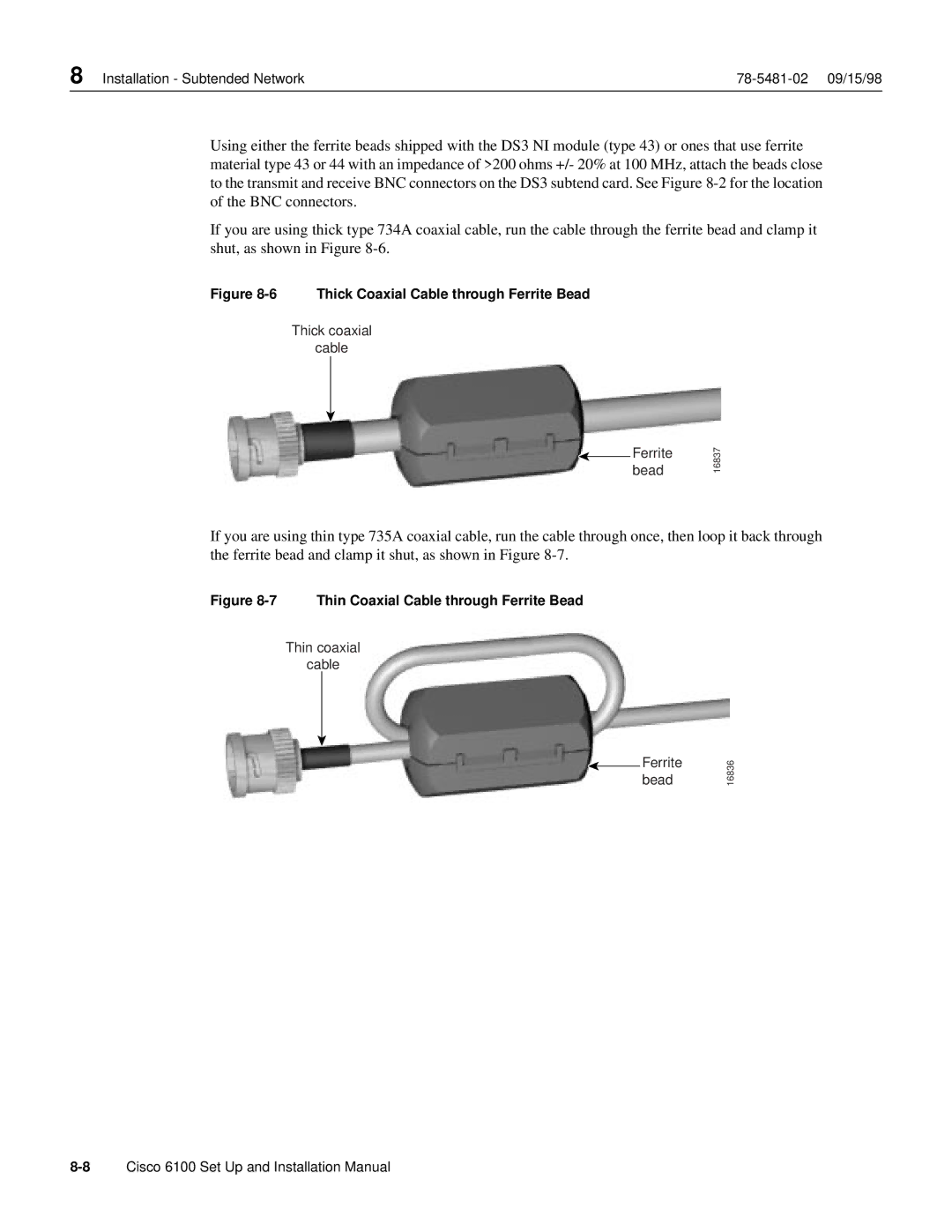 Cisco Systems 6100 installation manual Thick Coaxial Cable through Ferrite Bead 