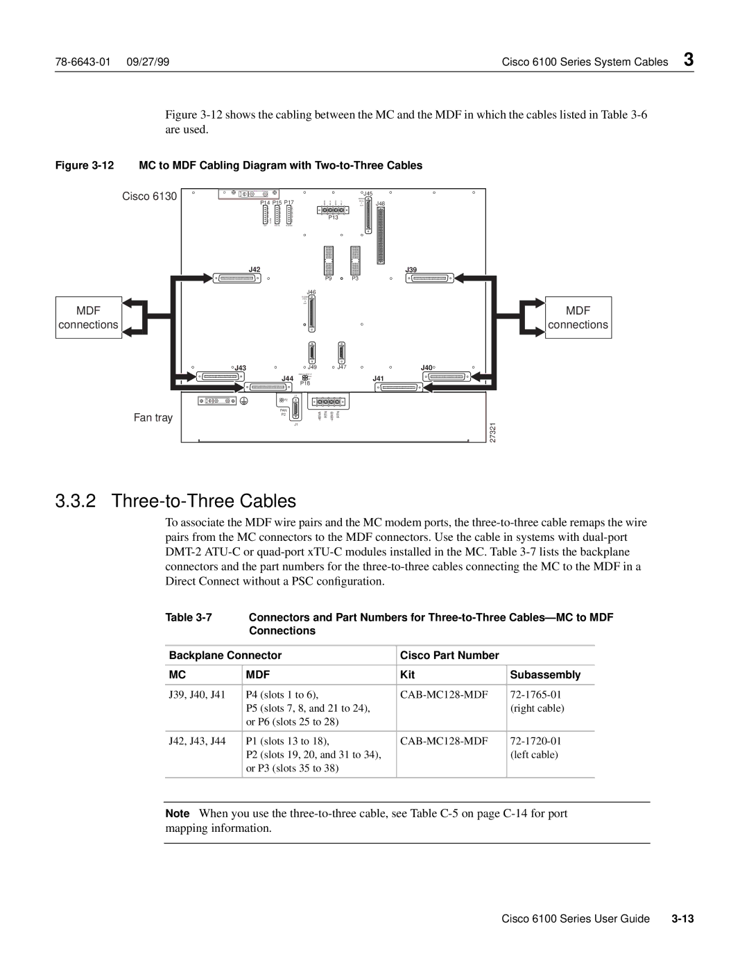 Cisco Systems 6100 appendix Three-to-Three Cables, MC to MDF Cabling Diagram with Two-to-Three Cables 