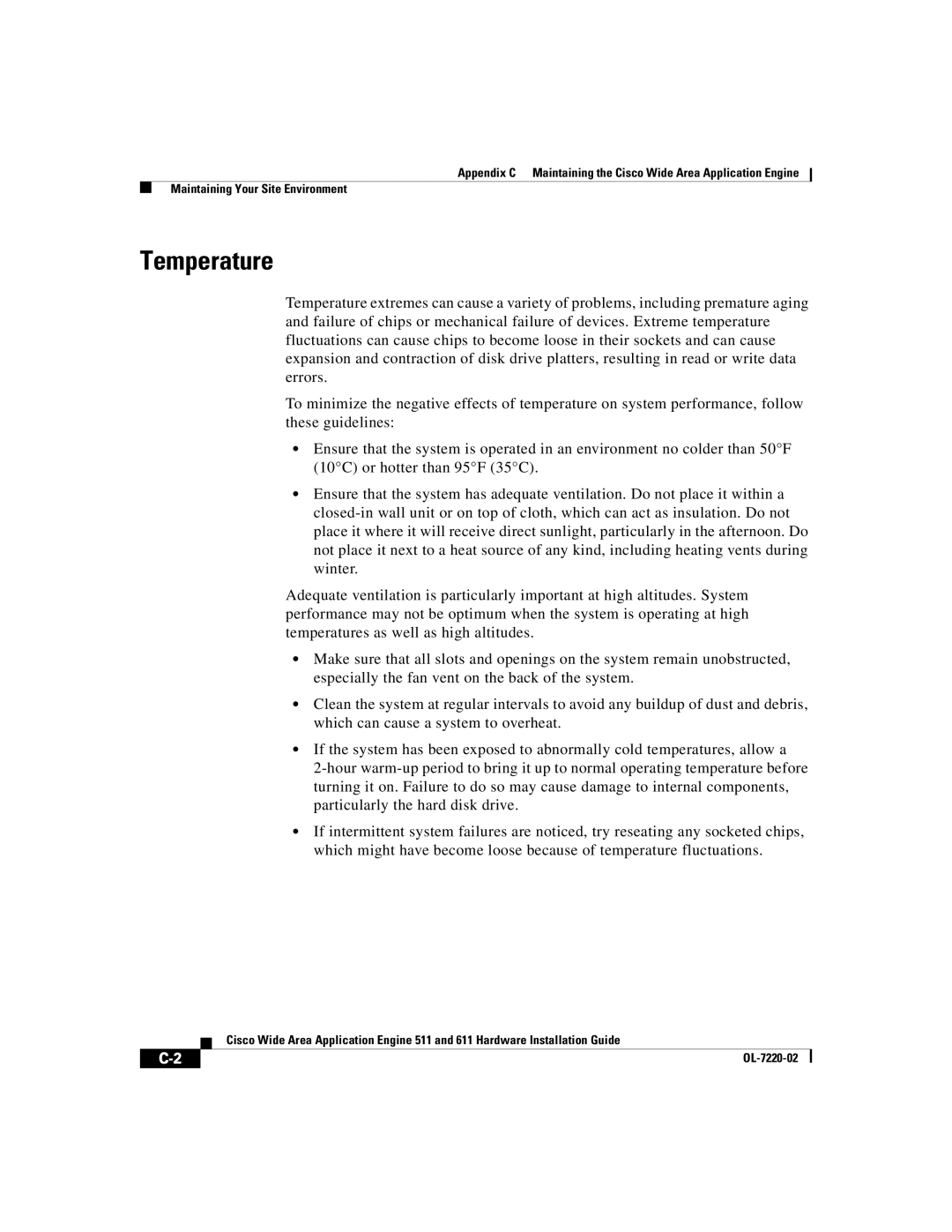 Cisco Systems 611 manual Temperature 