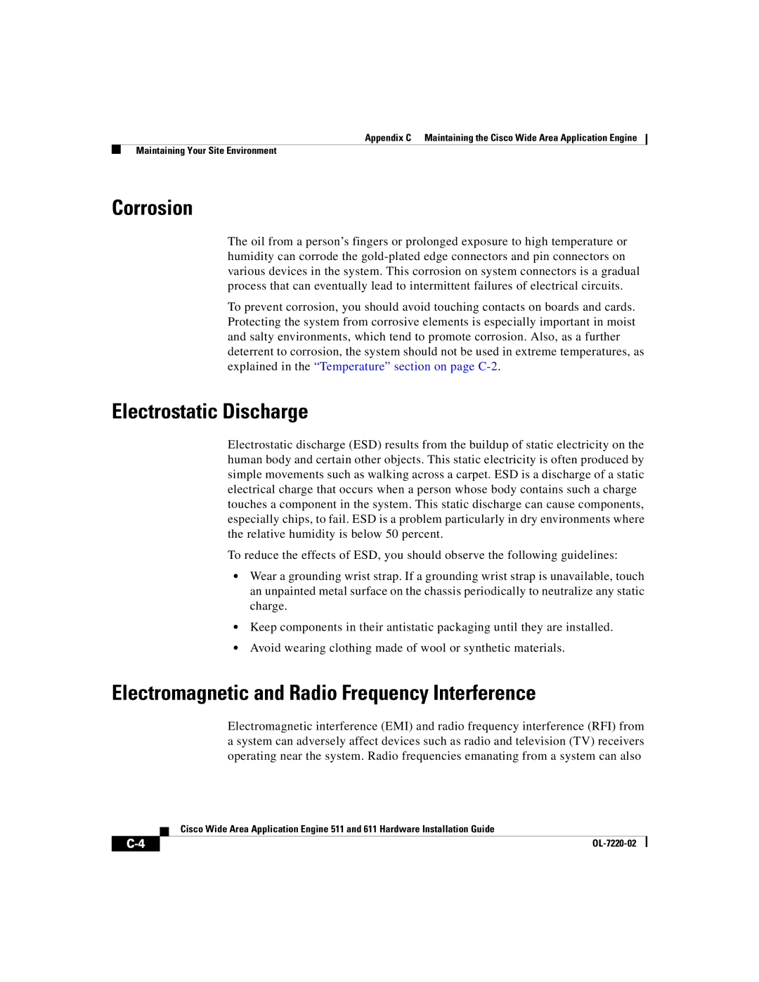 Cisco Systems 611 manual Corrosion, Electrostatic Discharge, Electromagnetic and Radio Frequency Interference 