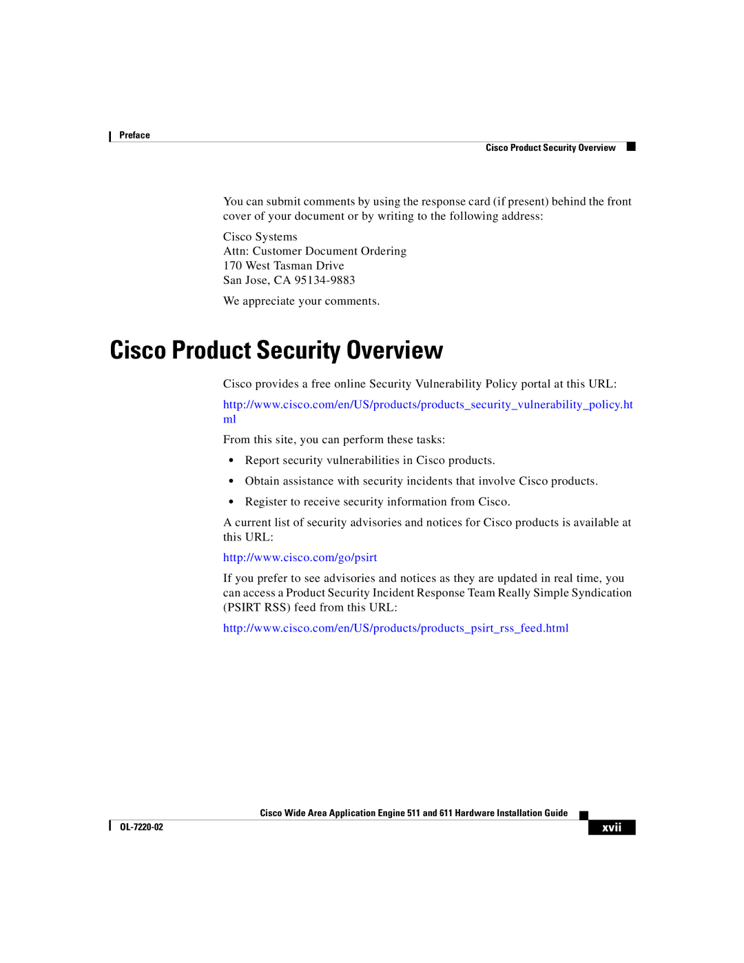 Cisco Systems 611 manual Cisco Product Security Overview, Xvii 