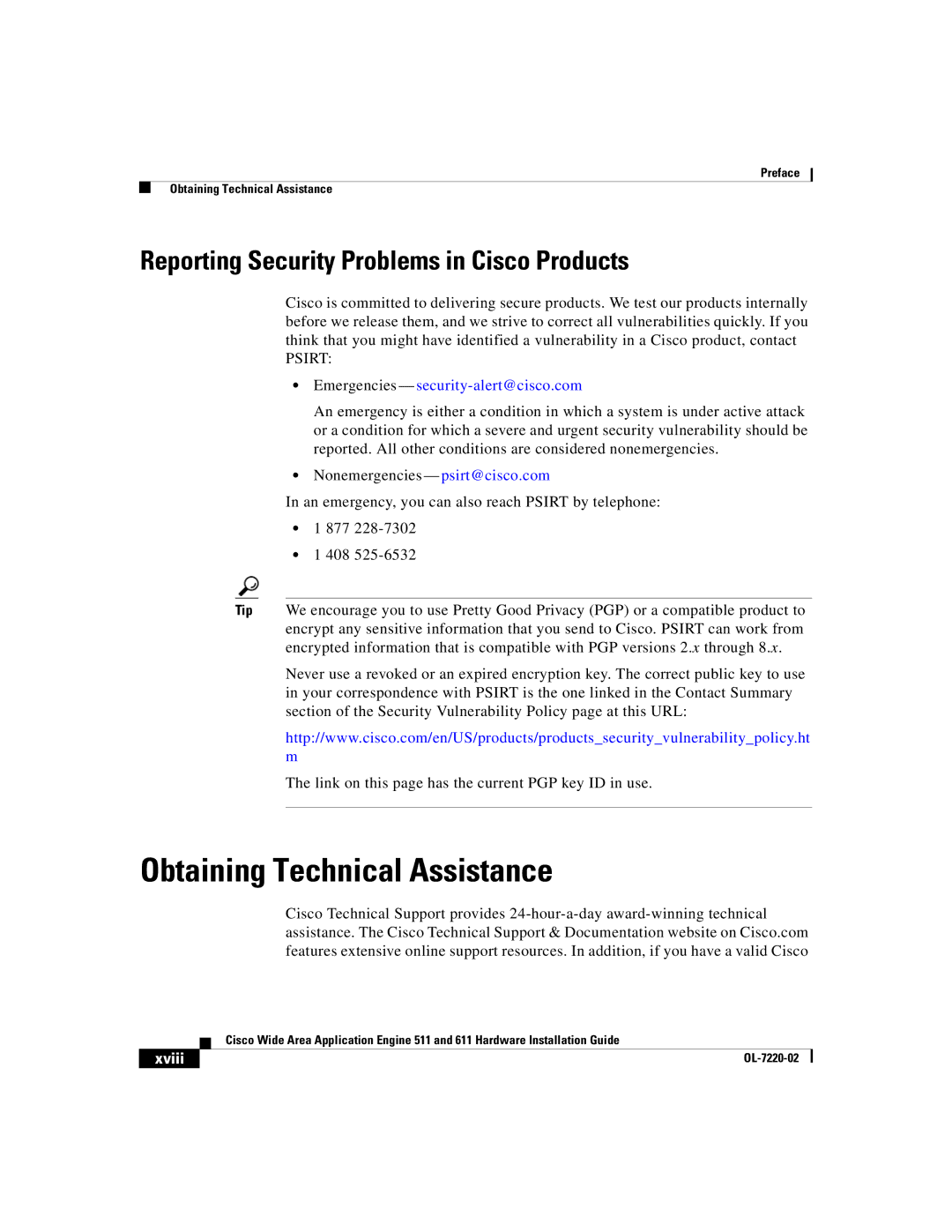 Cisco Systems 611 manual Obtaining Technical Assistance, Reporting Security Problems in Cisco Products, Xviii 