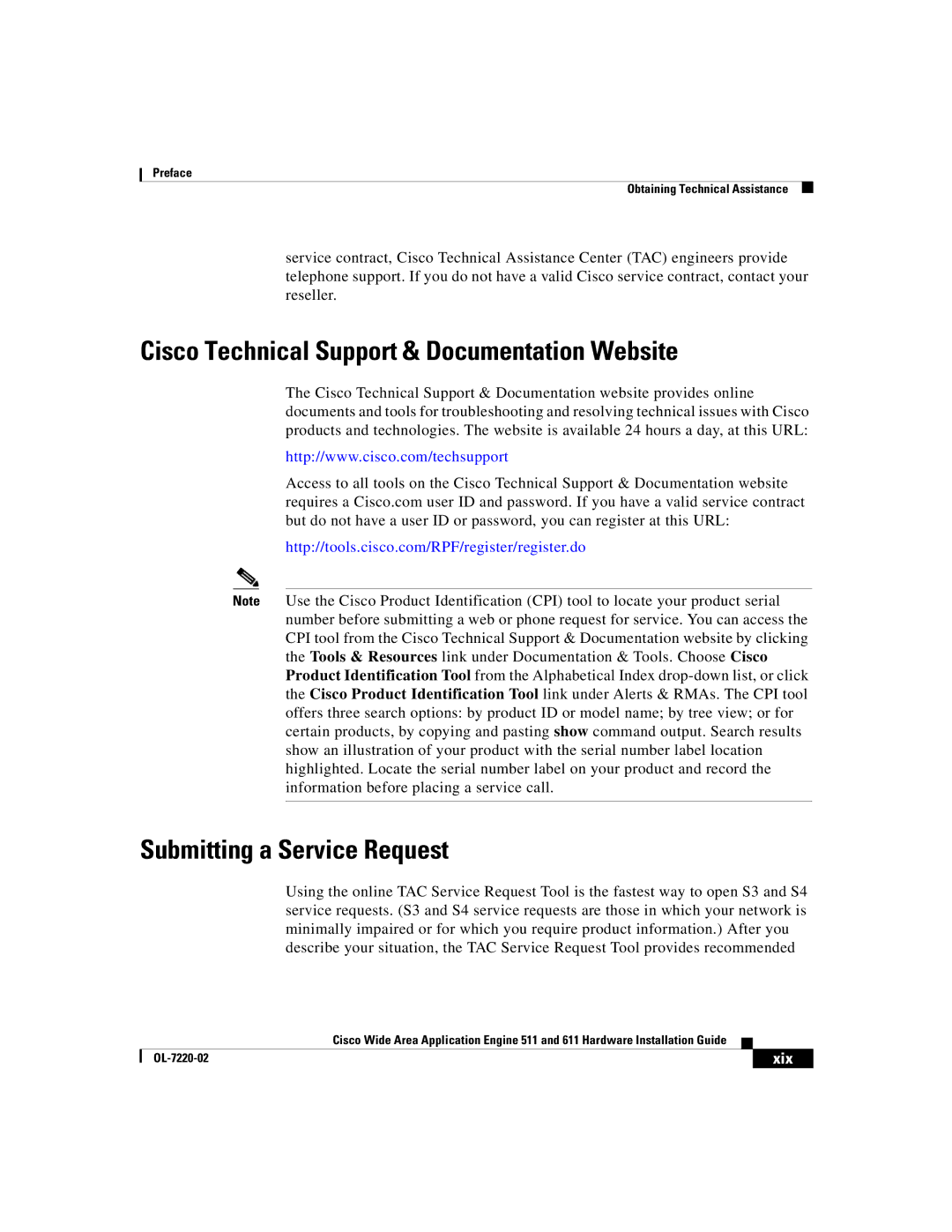 Cisco Systems 611 manual Cisco Technical Support & Documentation Website, Submitting a Service Request, Xix 