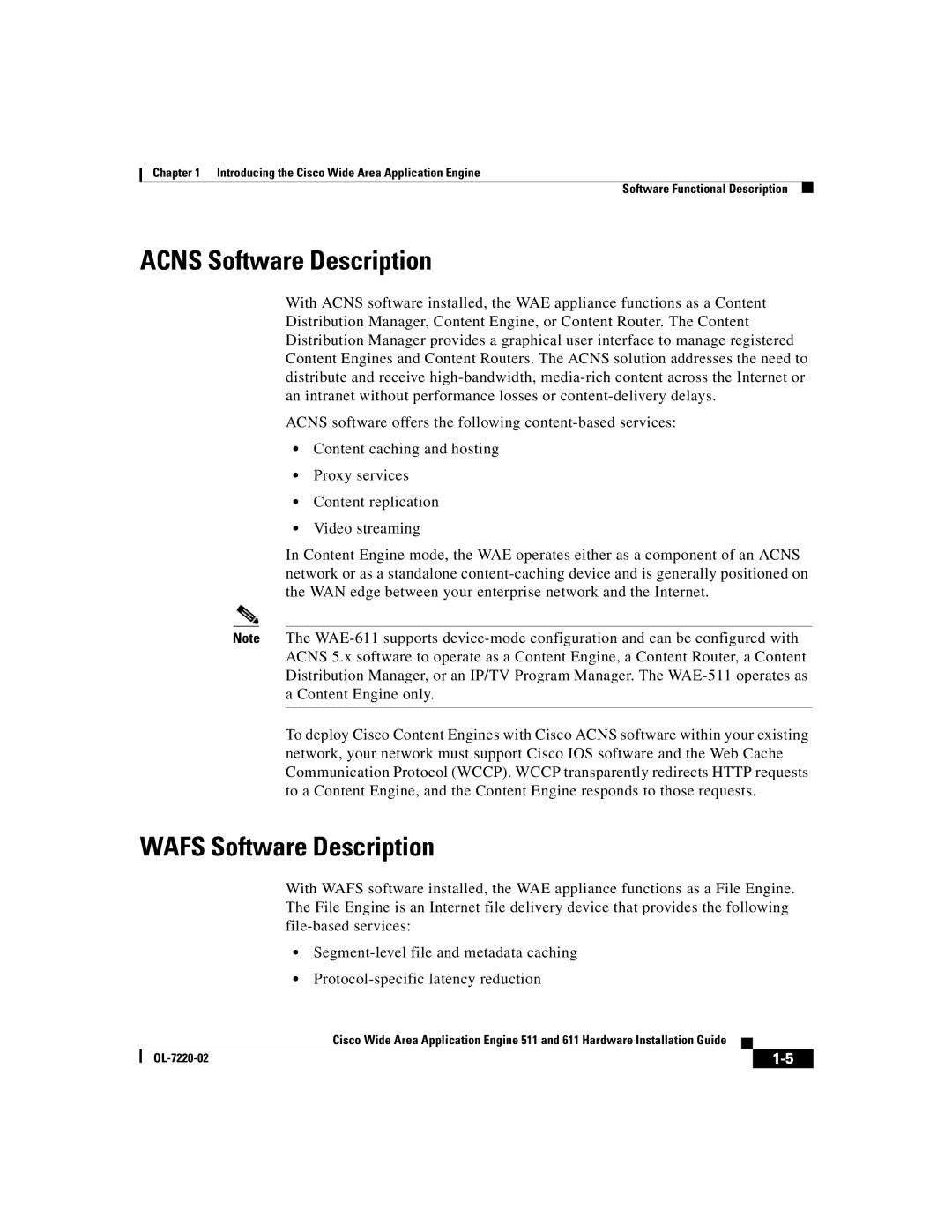 Cisco Systems 611 manual Acns Software Description, Wafs Software Description 