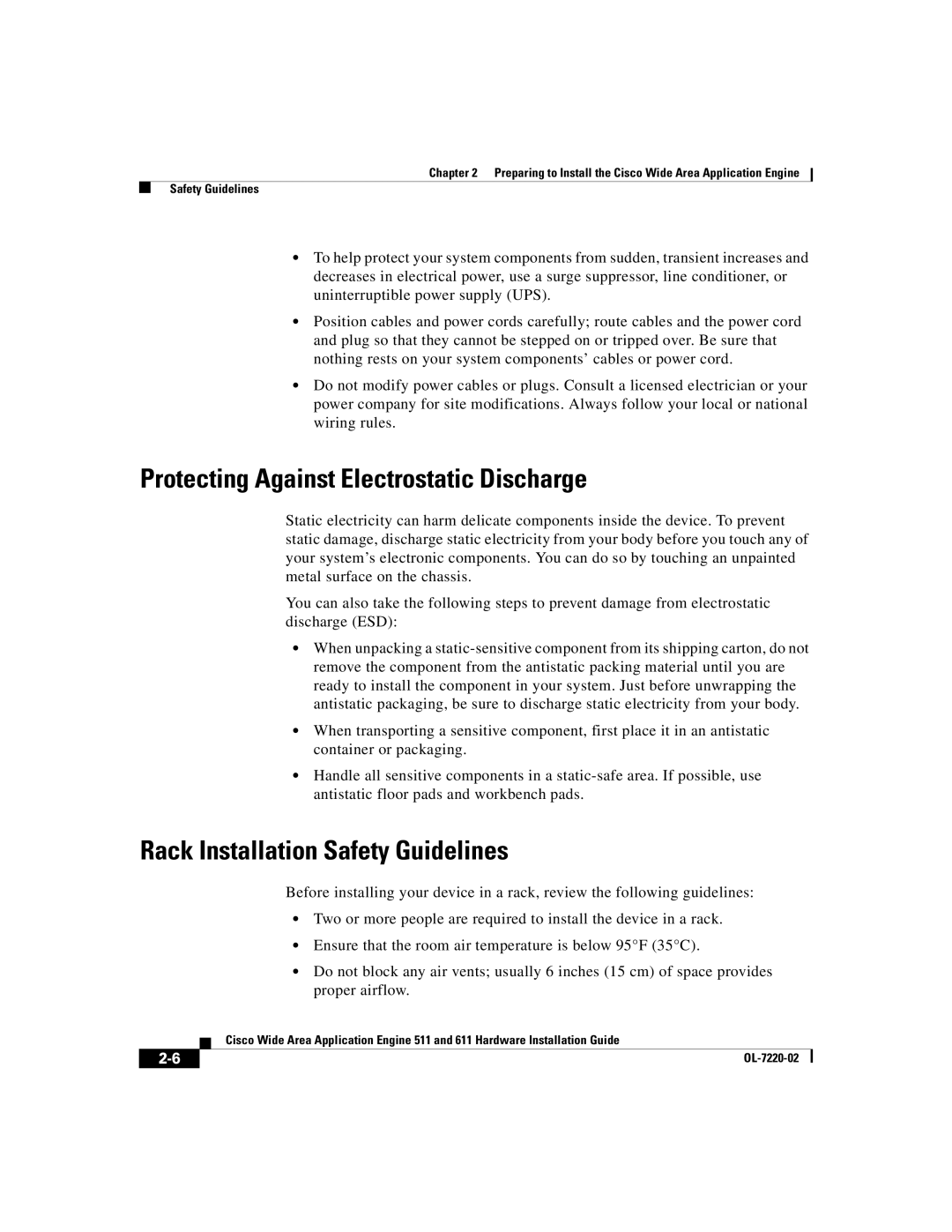 Cisco Systems 611 manual Protecting Against Electrostatic Discharge, Rack Installation Safety Guidelines 