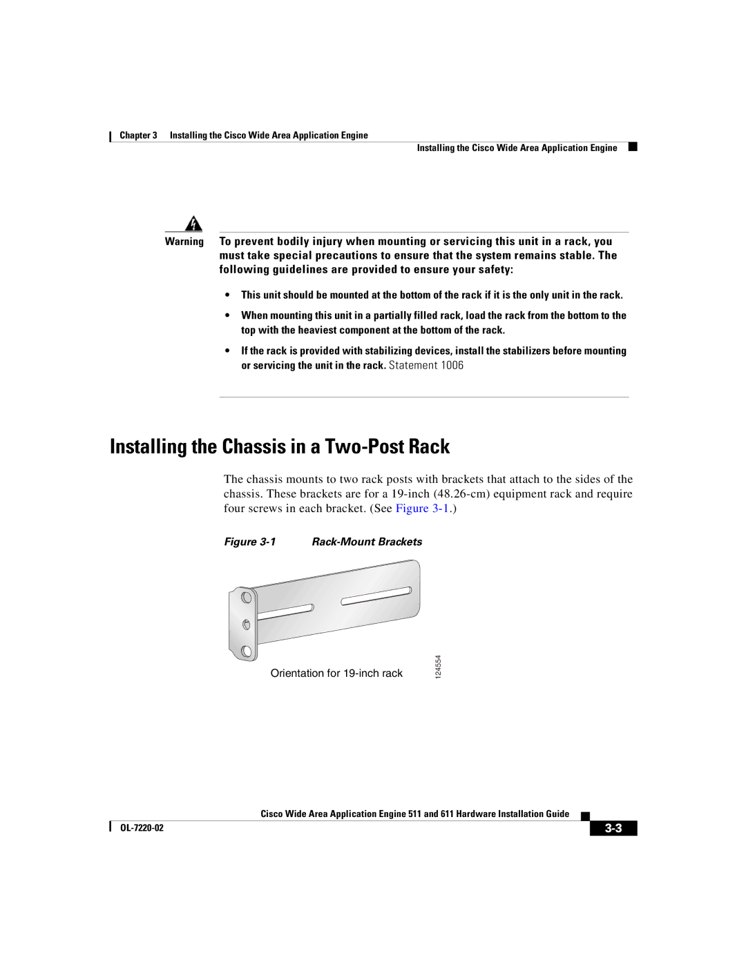 Cisco Systems 611 manual Installing the Chassis in a Two-Post Rack, Orientation for 19-inch rack 