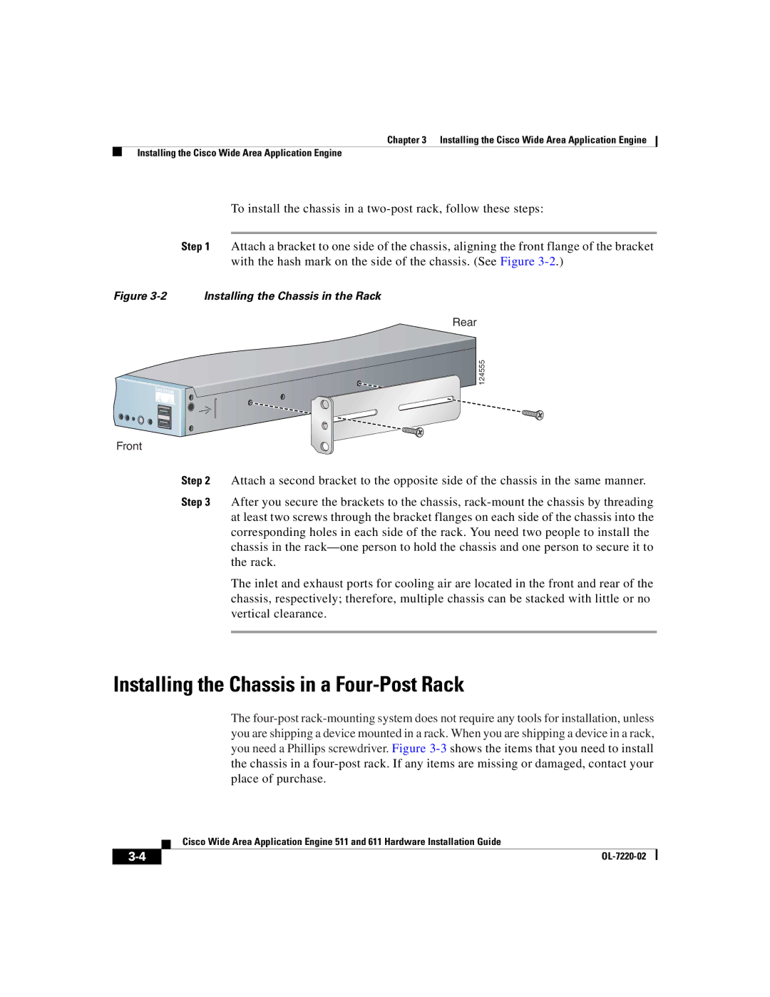 Cisco Systems 611 manual Installing the Chassis in a Four-Post Rack, Installing the Chassis in the Rack 