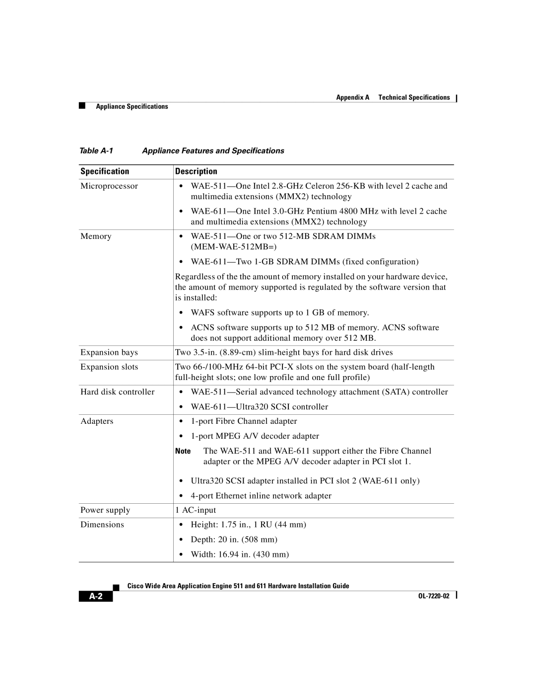 Cisco Systems 611 manual Specification Description 