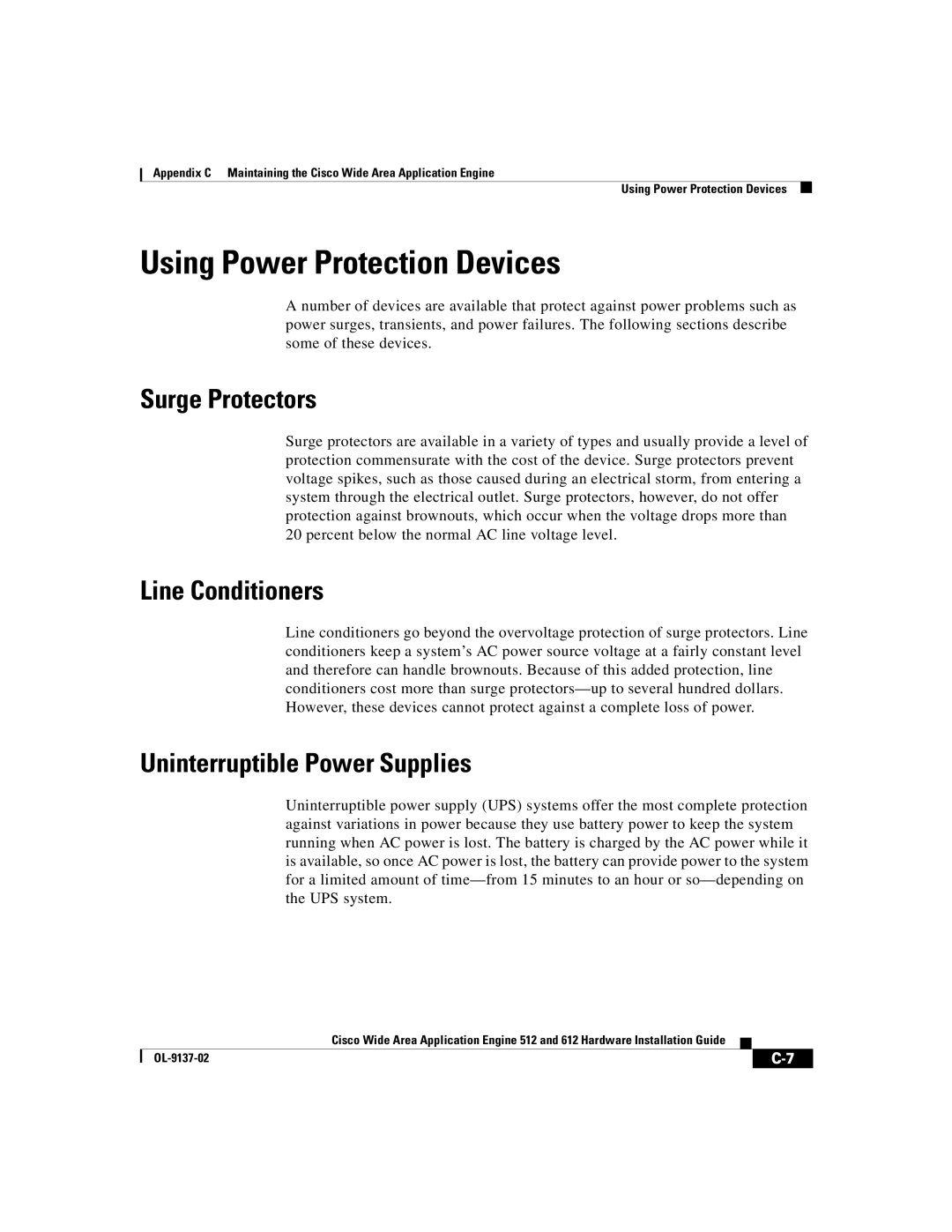 Cisco Systems 512, 612 Using Power Protection Devices, Surge Protectors, Line Conditioners, Uninterruptible Power Supplies 