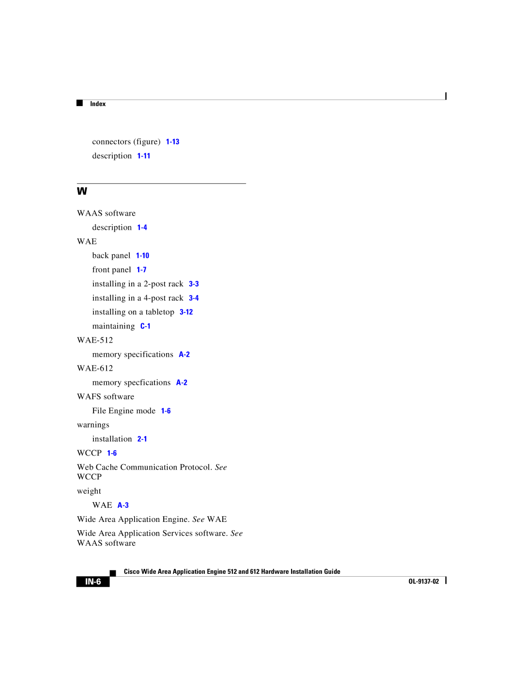 Cisco Systems 612, 512 manual Wae, IN-6 