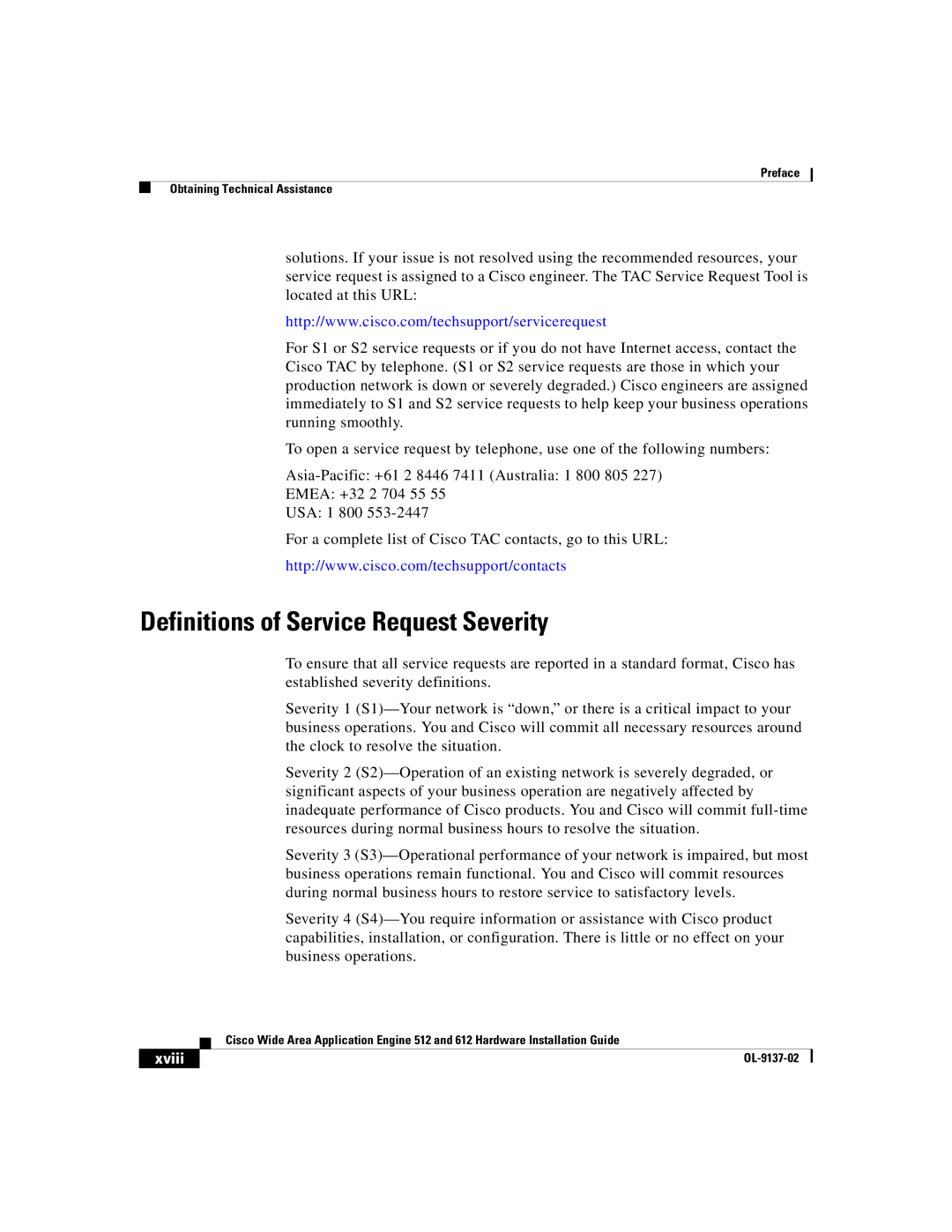 Cisco Systems 612, 512 manual Definitions of Service Request Severity, Xviii 