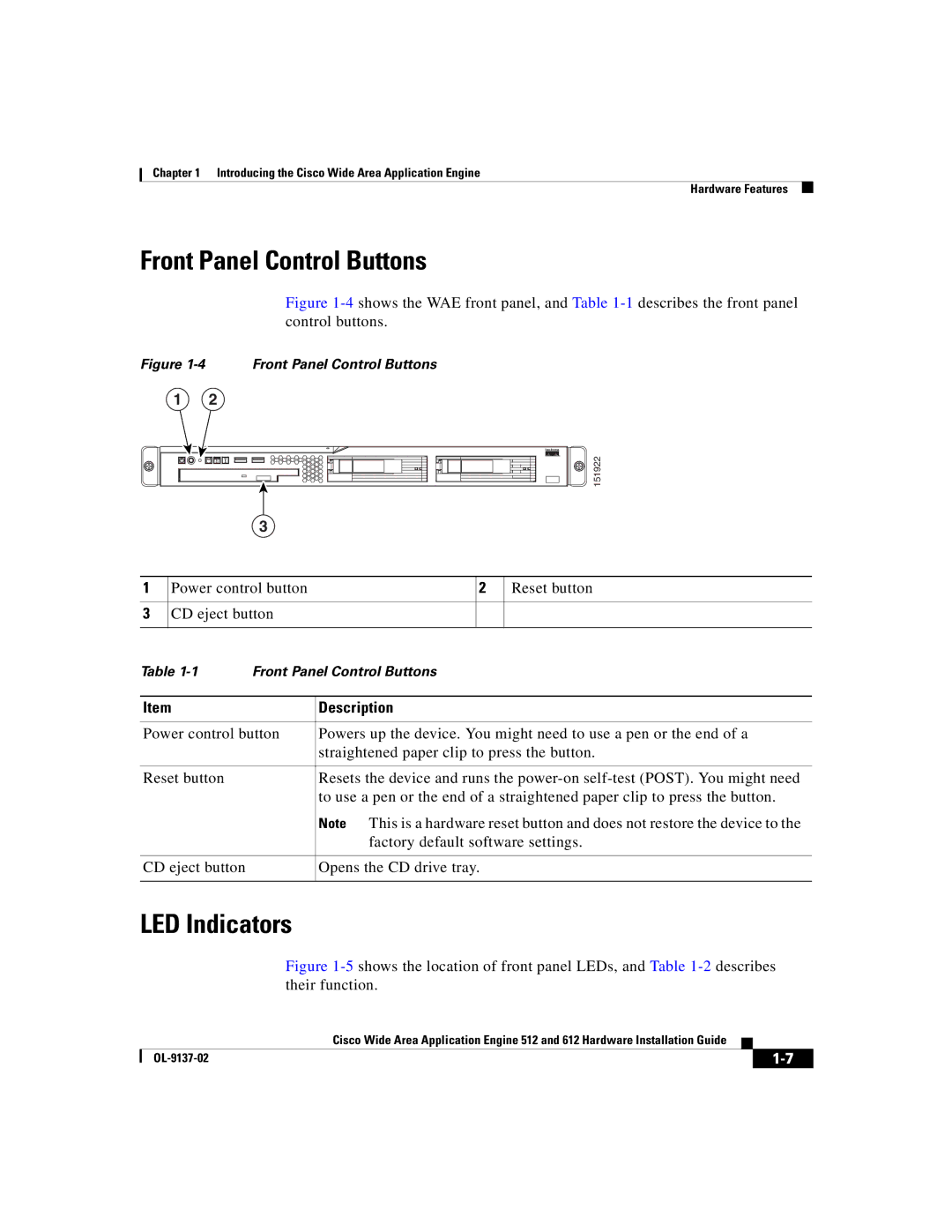 Cisco Systems 512, 612 manual Front Panel Control Buttons, LED Indicators 