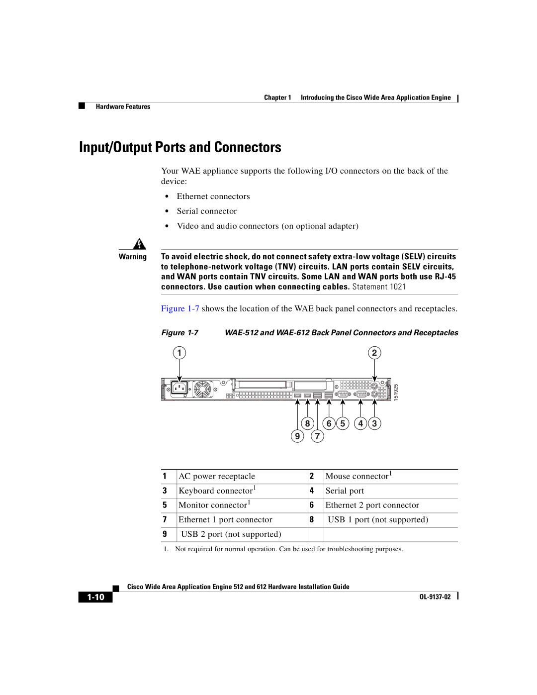 Cisco Systems manual Input/Output Ports and Connectors, WAE-512 and WAE-612 Back Panel Connectors and Receptacles 