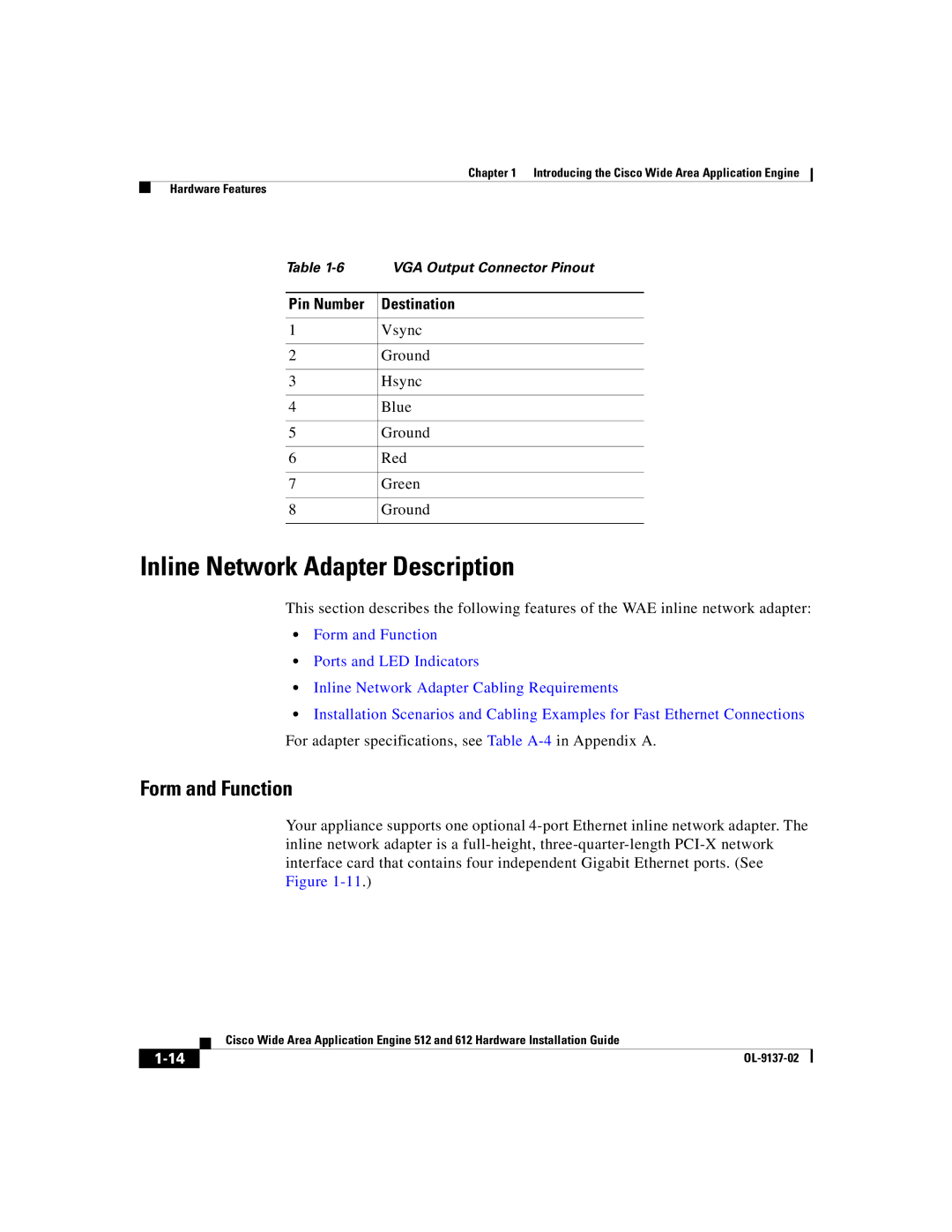 Cisco Systems 612, 512 manual Inline Network Adapter Description, Form and Function 