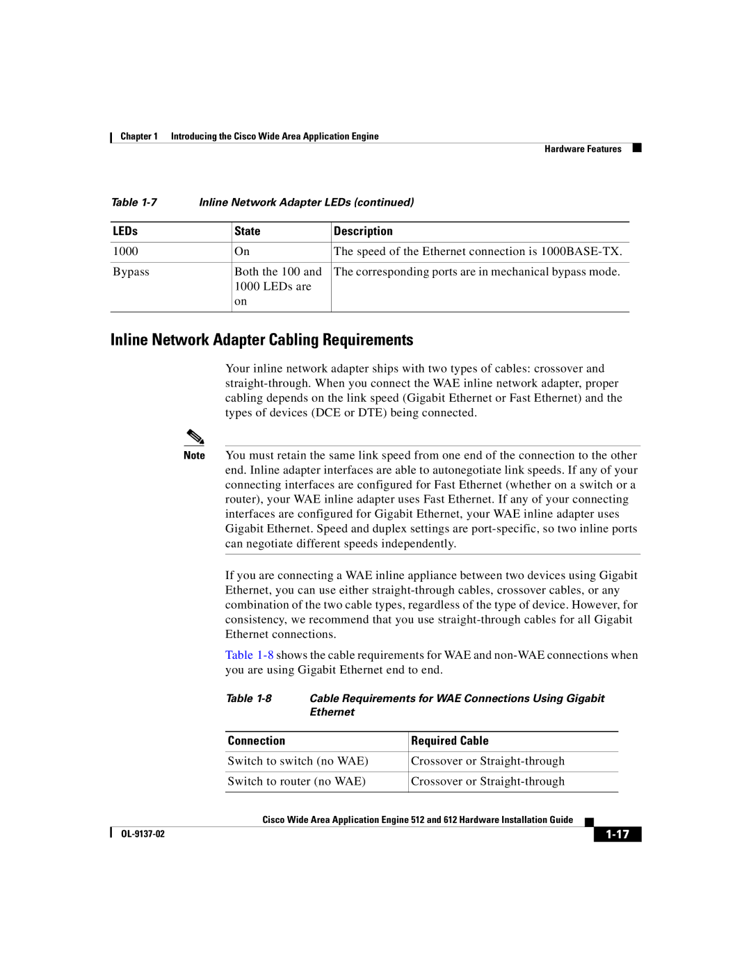 Cisco Systems 512, 612 manual Inline Network Adapter Cabling Requirements 