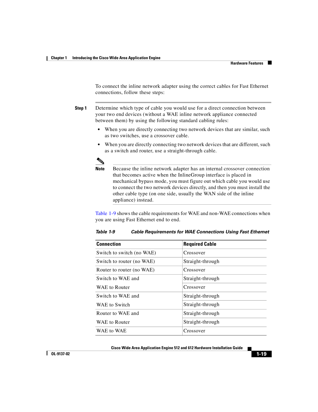 Cisco Systems 512, 612 manual Cable Requirements for WAE Connections Using Fast Ethernet 