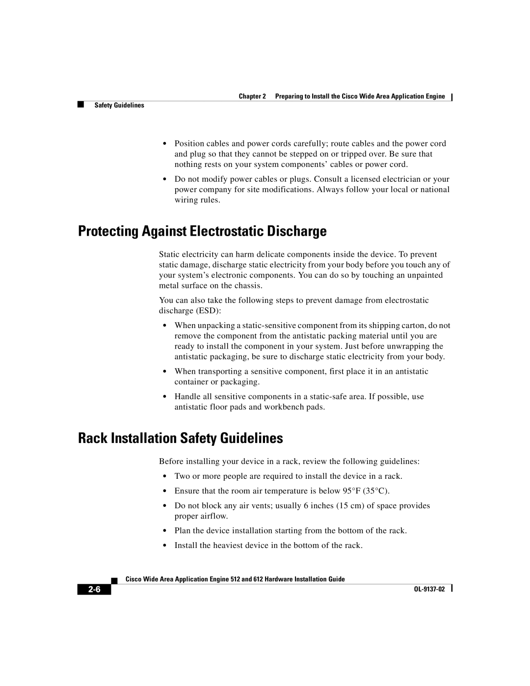 Cisco Systems 612, 512 manual Protecting Against Electrostatic Discharge, Rack Installation Safety Guidelines 