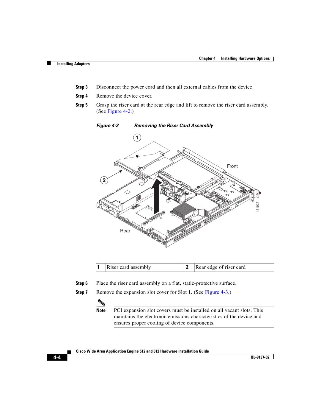 Cisco Systems 612, 512 manual Removing the Riser Card Assembly 