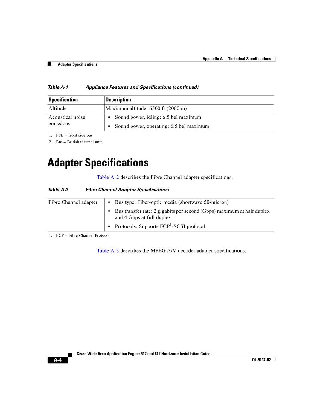 Cisco Systems 612, 512 manual Adapter Specifications 