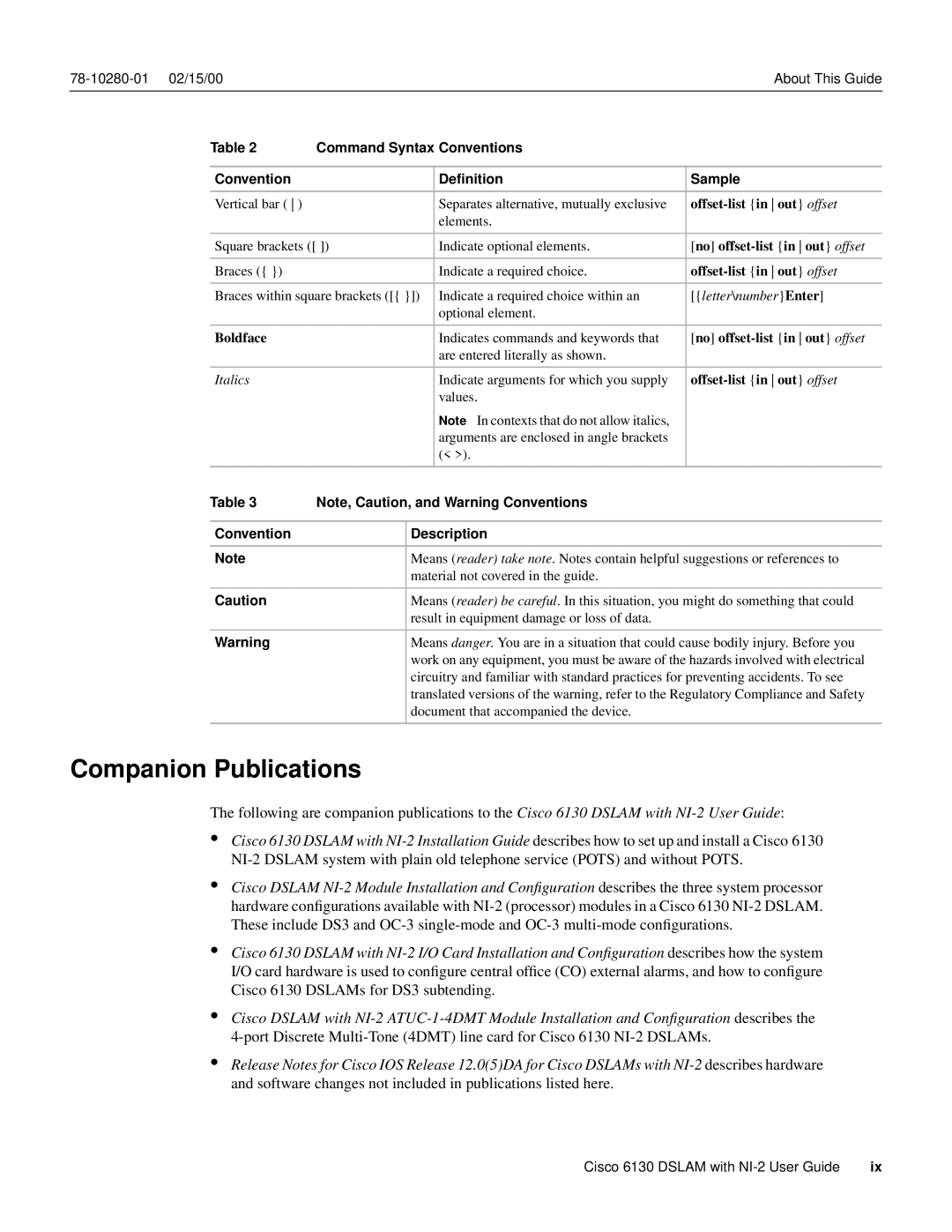 Cisco Systems 6130 Companion Publications, Command Syntax Conventions Deﬁnition Sample, Convention Description 