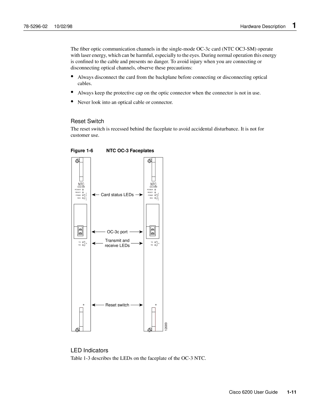 Cisco Systems 6200 Reset Switch, LED Indicators, Describes the LEDs on the faceplate of the OC-3 NTC, NTC OC-3 Faceplates 