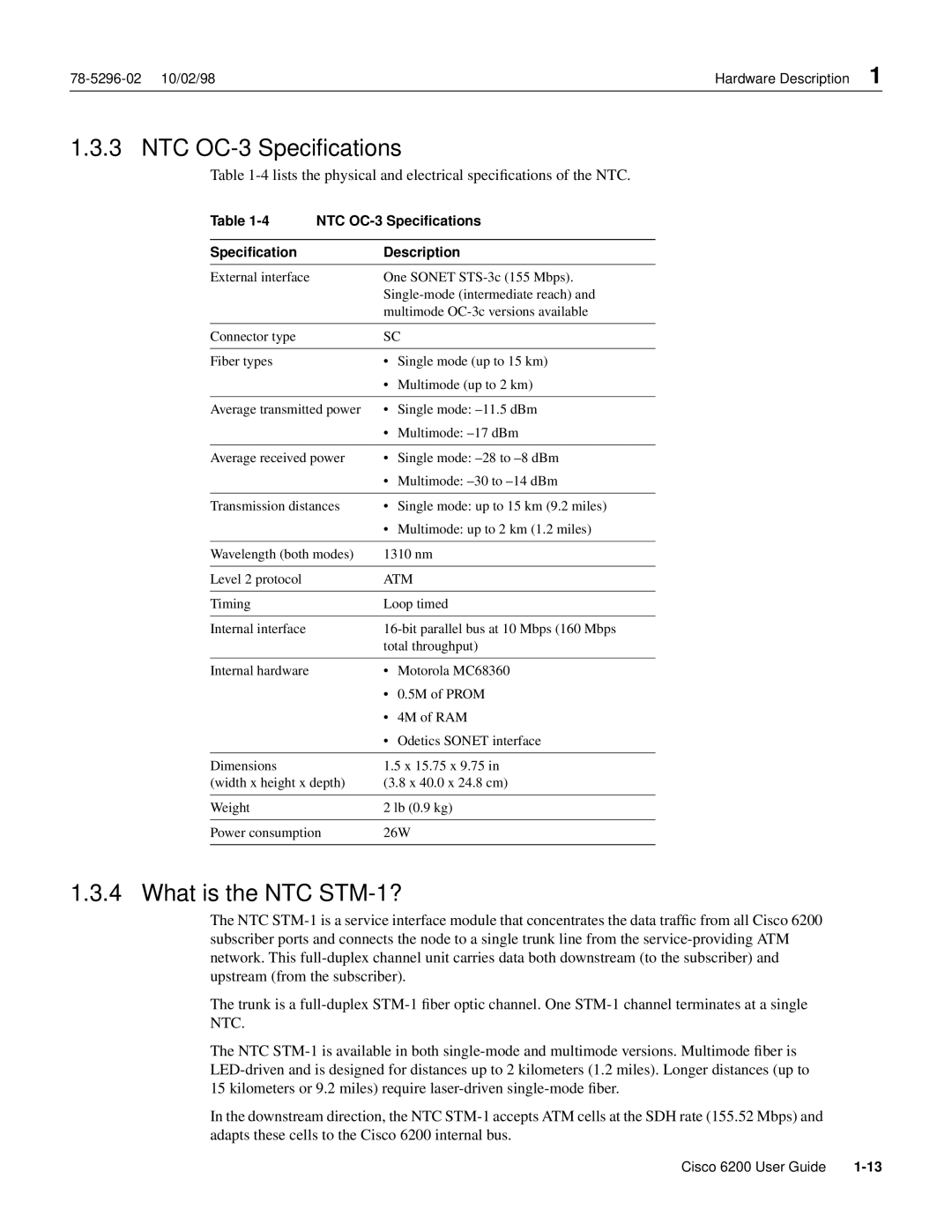 Cisco Systems 6200 appendix NTC OC-3 Speciﬁcations, What is the NTC STM-1? 