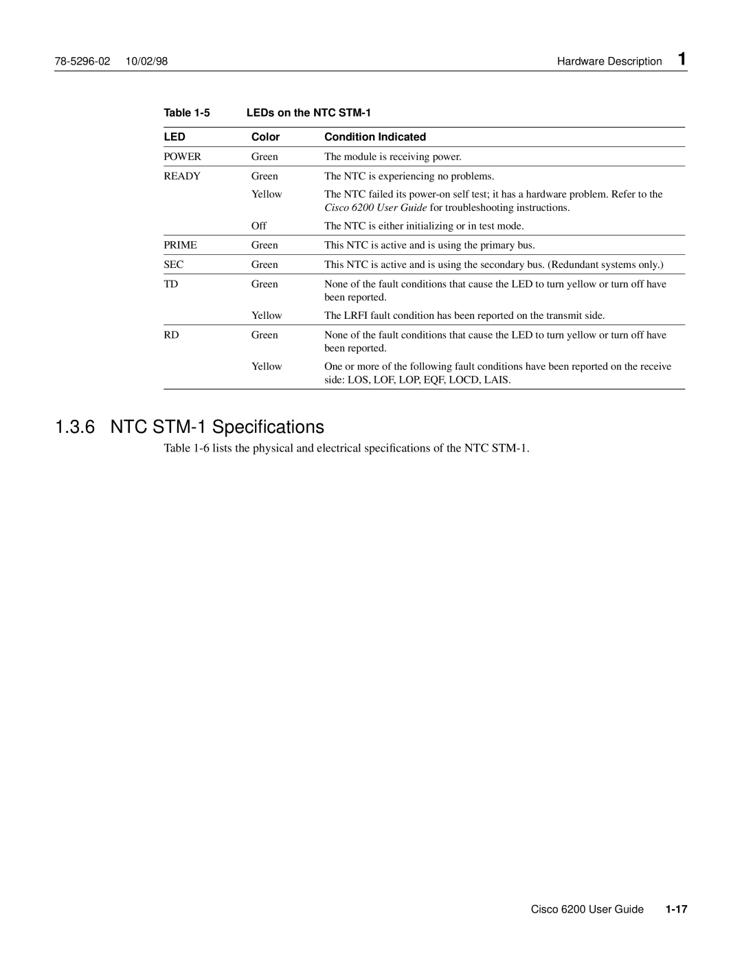 Cisco Systems 6200 appendix NTC STM-1 Speciﬁcations, LEDs on the NTC STM-1 