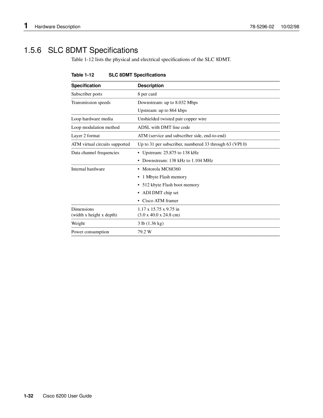 Cisco Systems 6200 appendix SLC 8DMT Speciﬁcations 